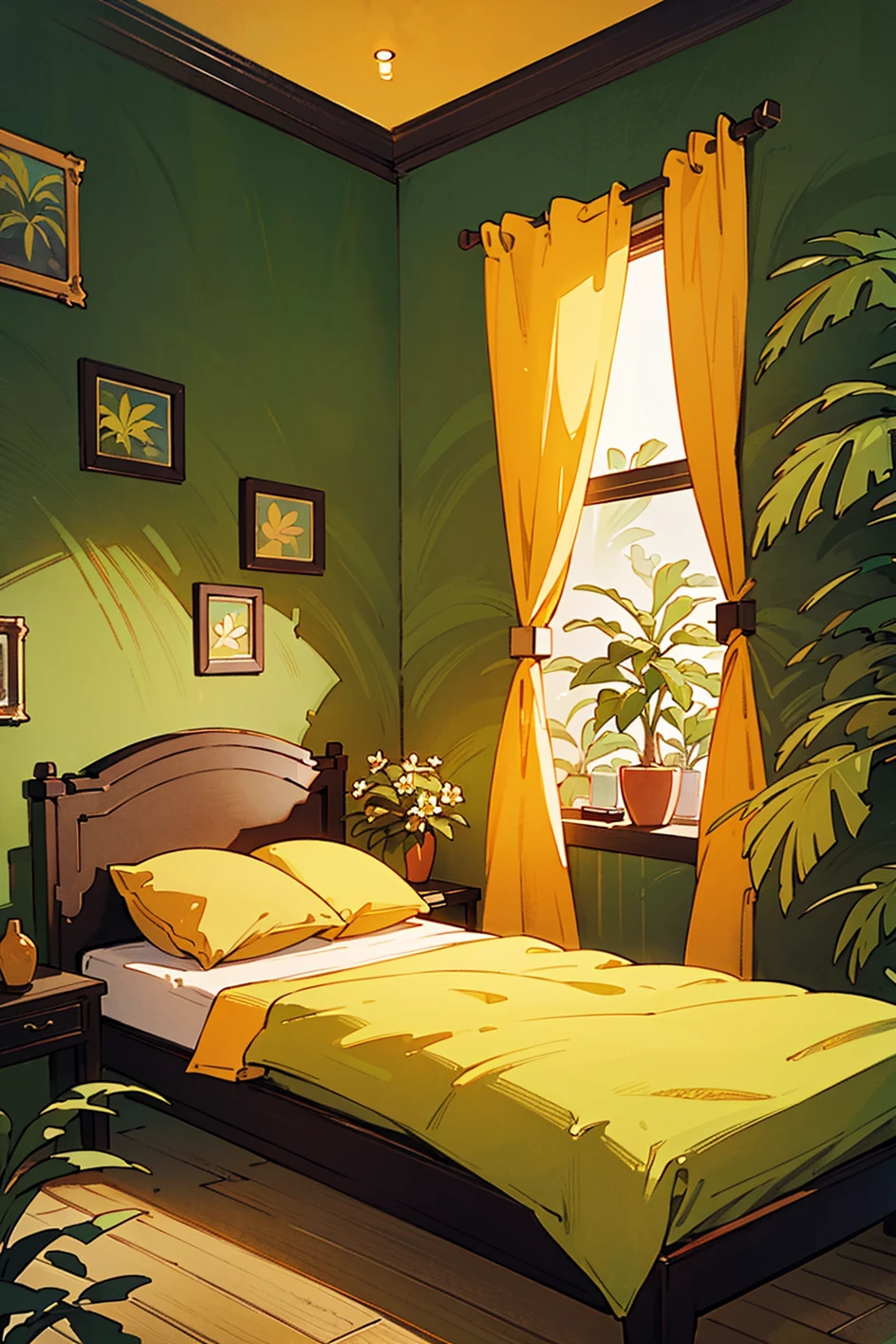 photography, bedroomtropical twinbed with green wallpaper, plant, dim light, mirror, yellow curtains, flower paintings, bali vibes, ornament, wooden floor, yellow light, dawn, palm tree, waterfall, stone, windows, <lora:ARWBedroomTropical:1>