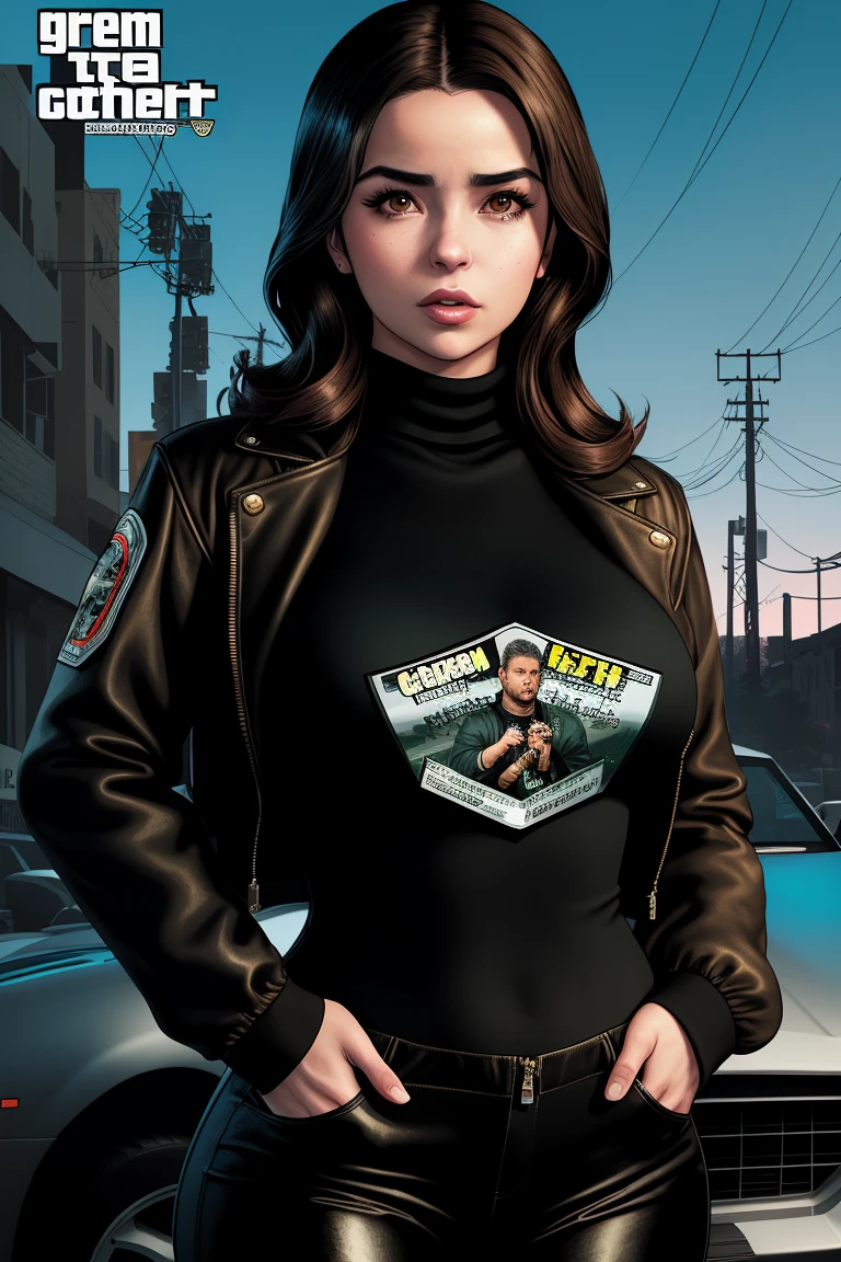 infographics photo of (dem1r0s3:0.95), a woman (as a gangster:1), (wearing turtleneck urban outfit), (long trousers), (urban park), ((GTA style:1.3)), (((comic cover font))), (((comic title:1.2))), atmospheric lighting, cinematic composition, concept art, digital illustration, detailed, art by bastien lecouffe-deharme and greg rutkowski and carne griffiths, natural light, 4K, highly detailed, cel shading, ((rotoscoping)), ((perfect eyes)), (detailed pupils), (((credits))), (((comic issue))), (Grand Theft Auto), (GTA style comic:1.2), large breasts