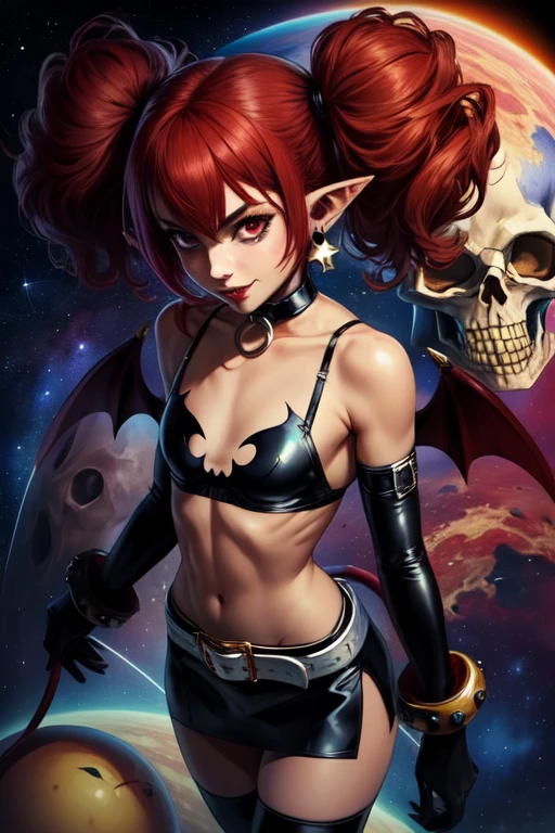 Etna,red hair, twintails, pointy ears , flat chest,  standing, evil grin, 
EtGear, gloves, jewelry, choker, thighhighs, black elbow gloves, belt , miniskirt , boots, bare shoulders, midriff,  bra, skull earrings,  small bat wings on upper back,  demon tail
outerspace, stars, 
 (insanely detailed, beautiful detailed face, masterpiece, best quality)       <lora:Etna:0.7>