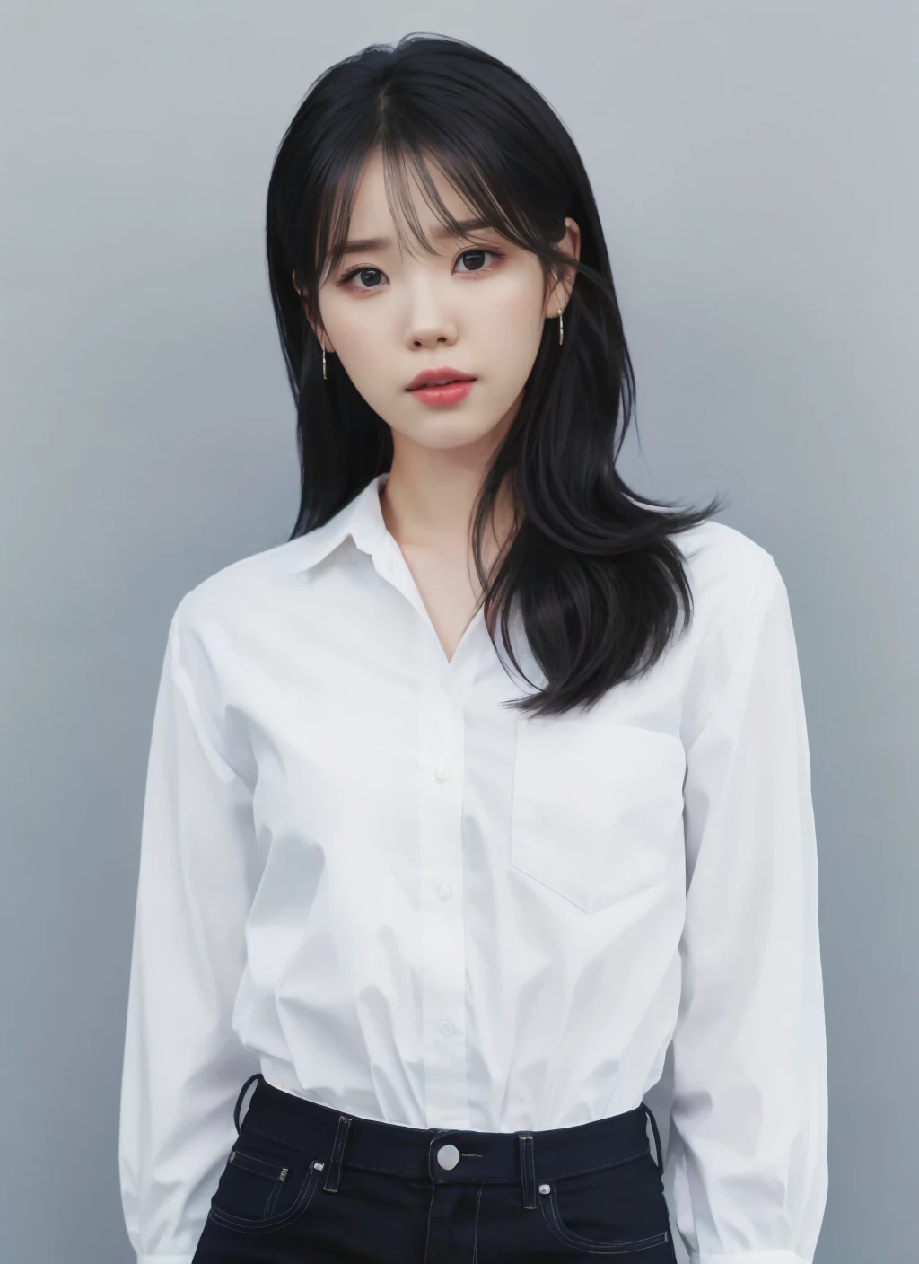 best quality, IU, Lee Ji Eun, 1girl, solo, long hair, looking at viewer, simple background, shirt, black hair, long sleeves,  white shirt,  earrings, parted lips, grey background,  black eyes, lips,  white pants, <lora:IU_v4:0.7>