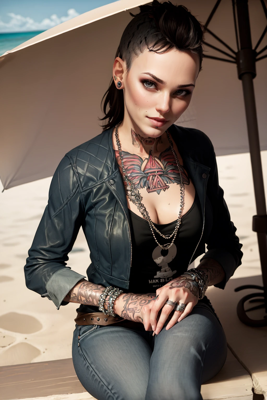 (masterpiece, best quality:1.2), <lora:clara_lille:.9>, clara lille, 1girl, solo, tattoo, jewelry, black hair, pants, ring, earrings, jacket, necklace, cleavage, denim, belt, breasts, bracelet, jeans, piercing, ear piercing, leather, large breasts, lips, short hair, shirt, gothic, beach, looking at viewer, smile, outdoors, day, umbrella, sitting, sky, blue sky, ocean, sand, beach umbrella, sweat