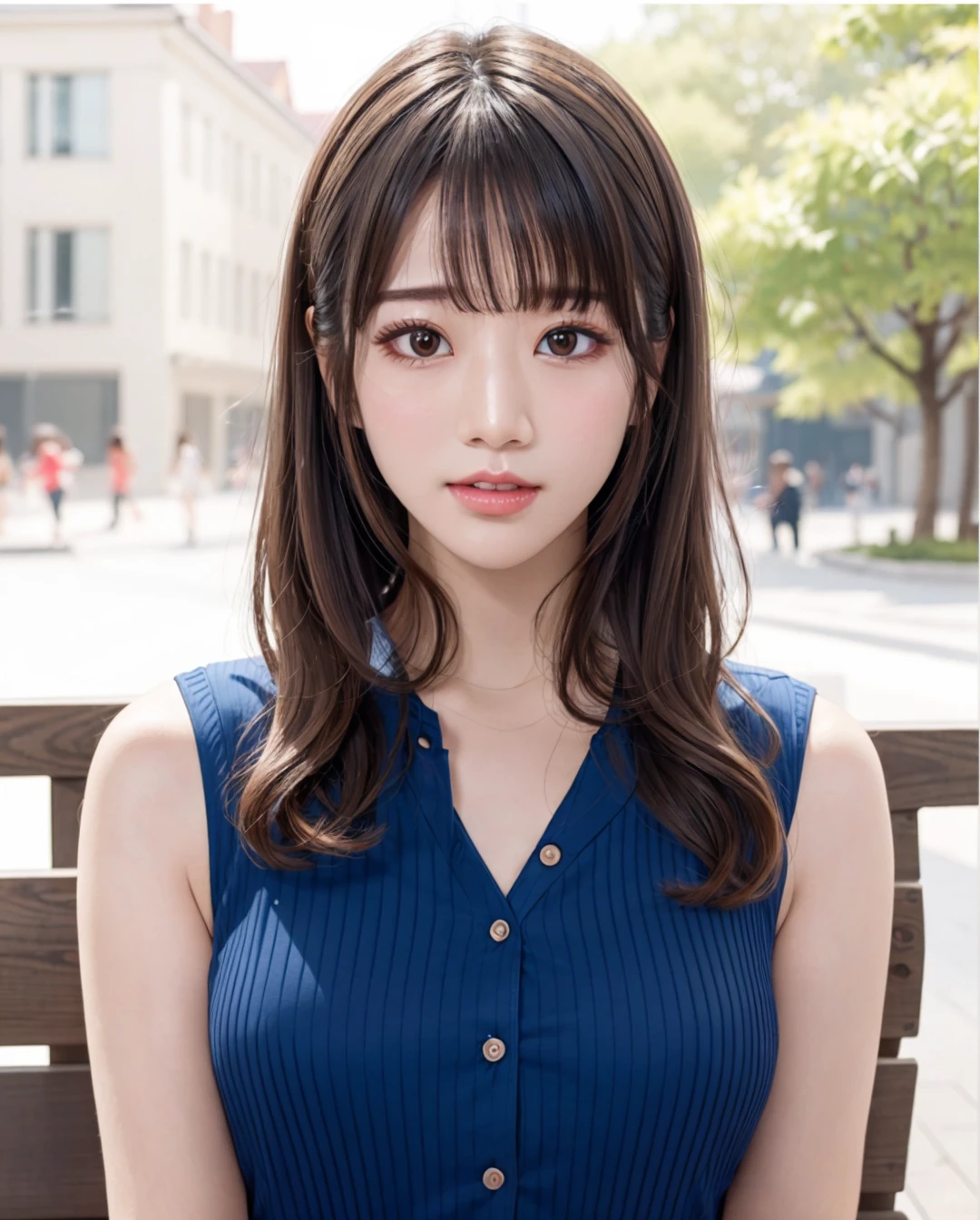 pureerosface_v1, best quality, photorealistic, 8k, high res, full color, 1girl, woman, 20 years old woman, (closed mouth), (skindentation), (portrait:0.6), trees, park bench, daylight, ((park background:1.52)), full color, ((bluebuttonedshirt:1.58)), looking at viewer:1.8, (1girl eyes looking at viewer:1.55), (medium hair, brownhair, partedbangs:1.45), (bokeh), <lora:AAV-saika:0.69>