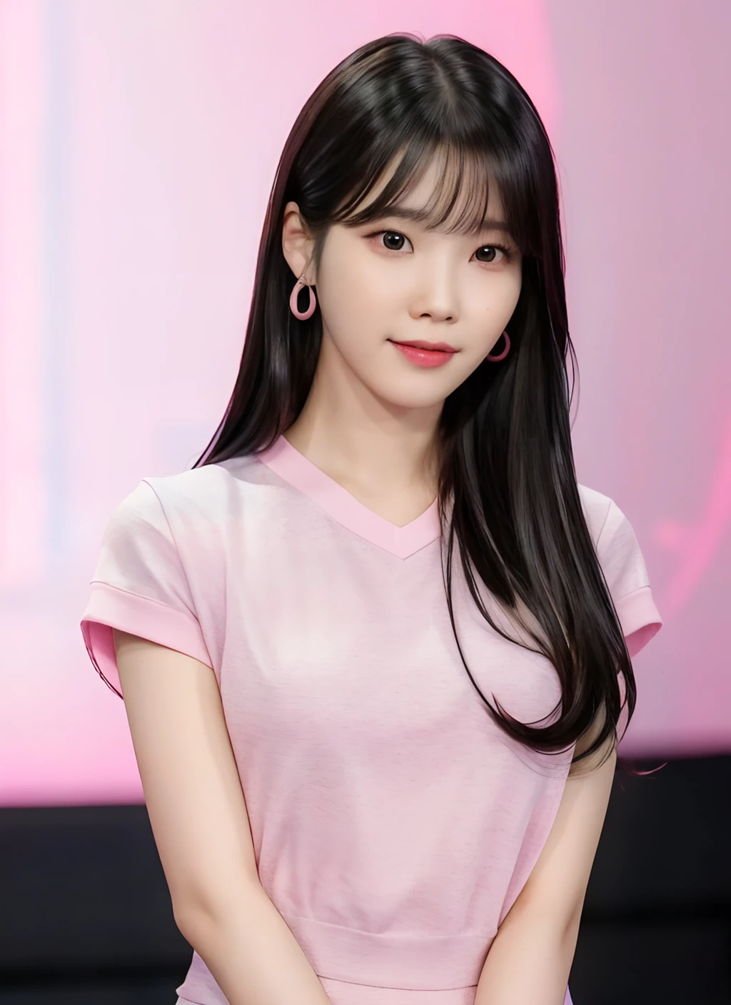 best quality, IU, 1girl, solo, looking at viewer , black hair,  upper body, closed mouth , pink shirt ,    blurry background,  <lora:IU_v4_1-000007:0.6>