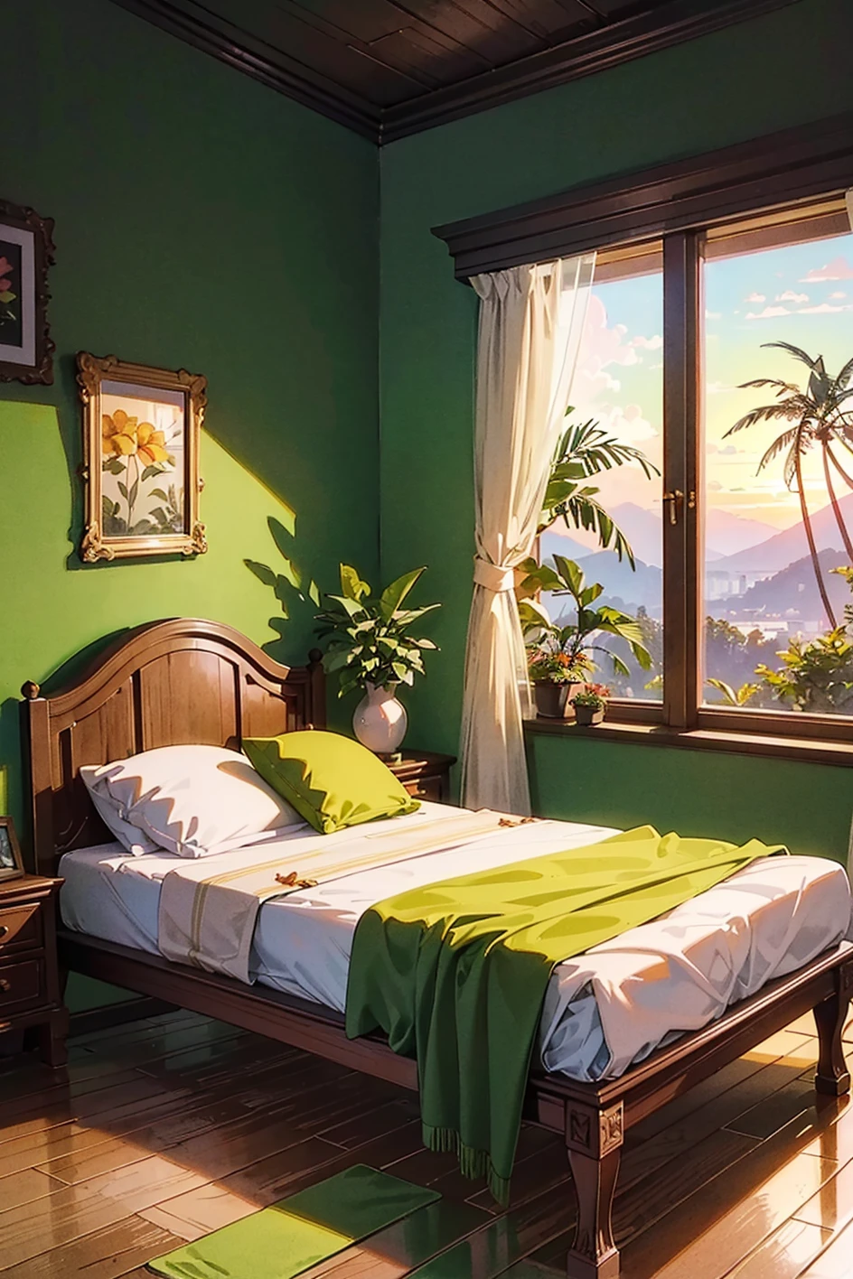 photography, bedroomtropical twinbed with green wallpaper, plant, dim light, mirror, yellow curtains, flower paintings, bali vibes, ornament, wooden floor, yellow light, dawn, palm tree, waterfall, stone, windows, <lora:ARWBedroomTropical:1>