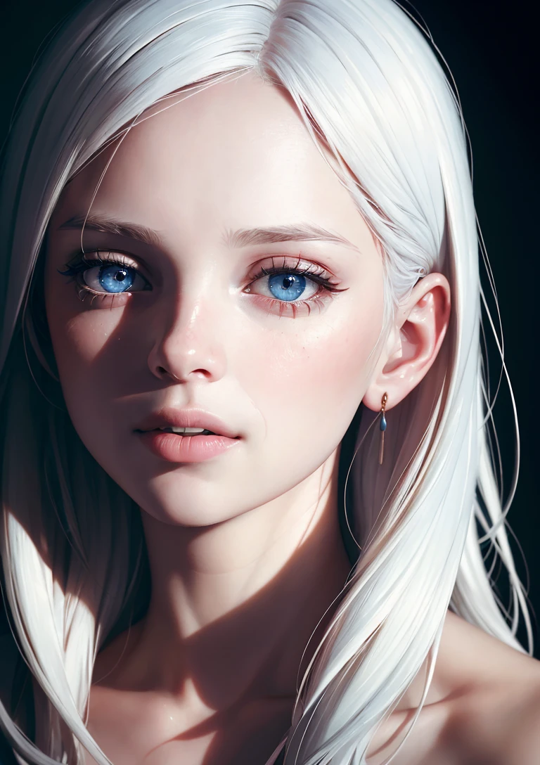 analog style, model shoot style, photo ((close portrait:1.4)) of a girl, (1girl, young girl), (albino girl:1.5, white hair, long hair:1.2),
((pretty face: 1.7, perfect face:1.5)), (best quality:1.5, hyperrealistic:1.5, photorealistic:1.4, Madly detailed CG unity 8k wallpaper:1.5,
masterpiece:1.3, Madly detailed photo:1.2), (hyper-realistic lifelike texture:1.4, realistic eyes:1.2), (octane render, unreal engine 5),
(ecstasy of light and shadow:1.5, deep shadow:1.5), (sony a7, 50 mm, film grain:1.5, 4K UHD HDR),
(photo by lee jeffries, Greg Rutkowski and Magali Villanueva)