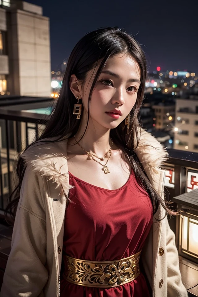 1girl,chinese woman,solo,beautiful detailed face , long hair,red long dress,fur scarf,jewelry,necklace,earrings,outdoors,night,rooftop,dim light