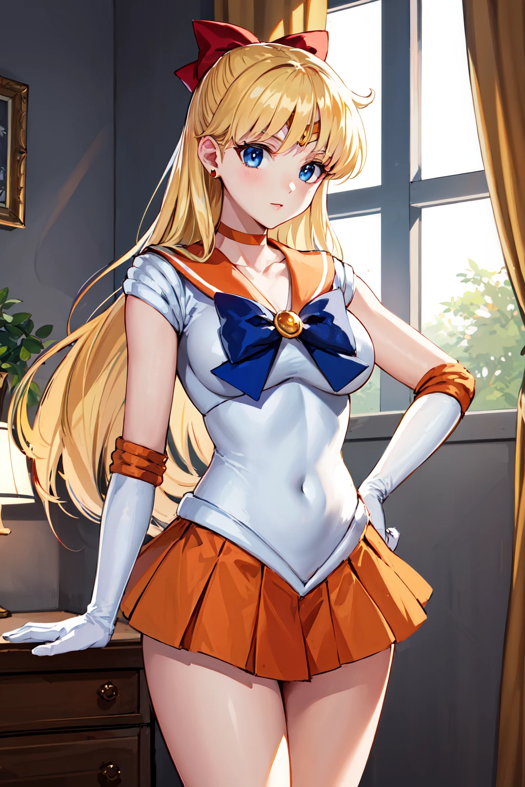 masterpiece, best quality, highres, sv1, sailor senshi uniform, orange skirt, elbow gloves, tiara, orange sailor collar, red bow, orange choker, white gloves, jewelry, <lora:sailor_venus_v2:0.7>, indoors