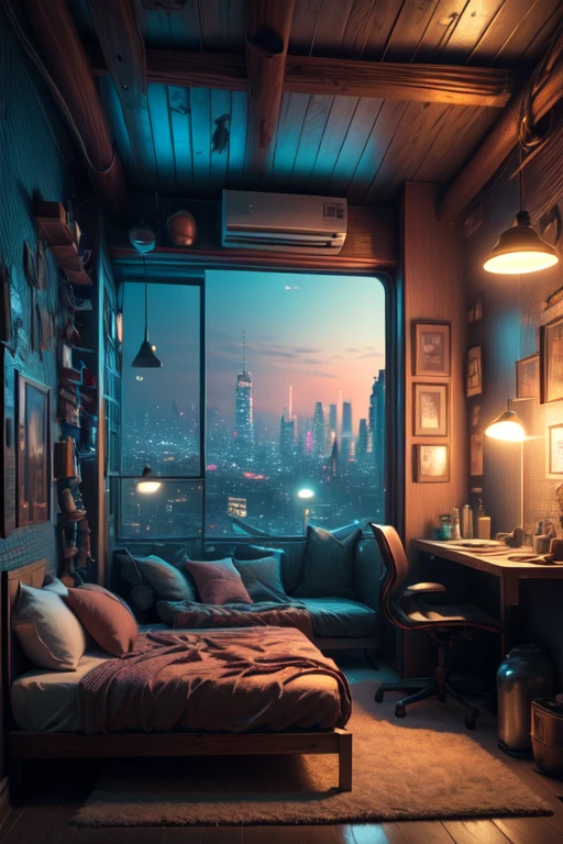 (masterpiece:1.2), (best quality), (ultra detailed), (8k, 4k, intricate),(highly detailed:1.2), (detailed background),detailed landscape,<lora:more_details:0.5> <lora:neostyle:0.7>((neostyle)), indoors, pillow, window, bed, night, chair, table, bottle, scenery, couch, science fiction, city, lamp, cityscape