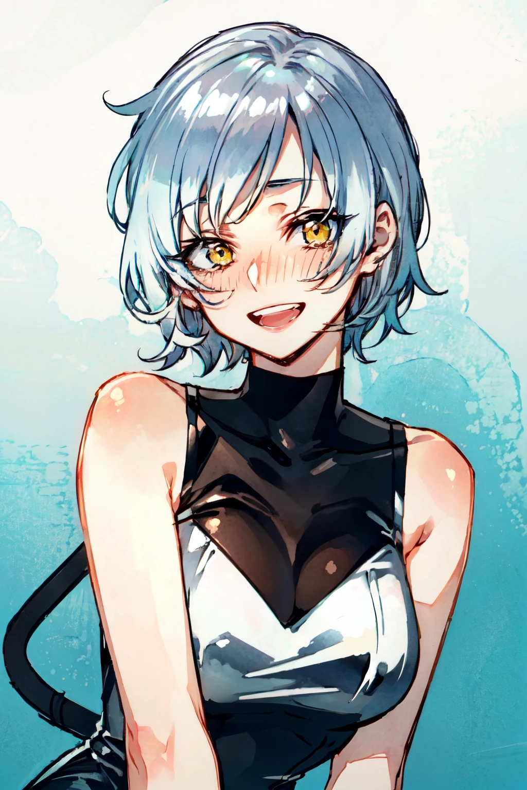 ratatatat74 style, 1girl, solo,upper body, short hair, silver hair, yellow wyes, blush , looking at viewer, open mouth, smile<lora:ratatatat74-offset:0.8>