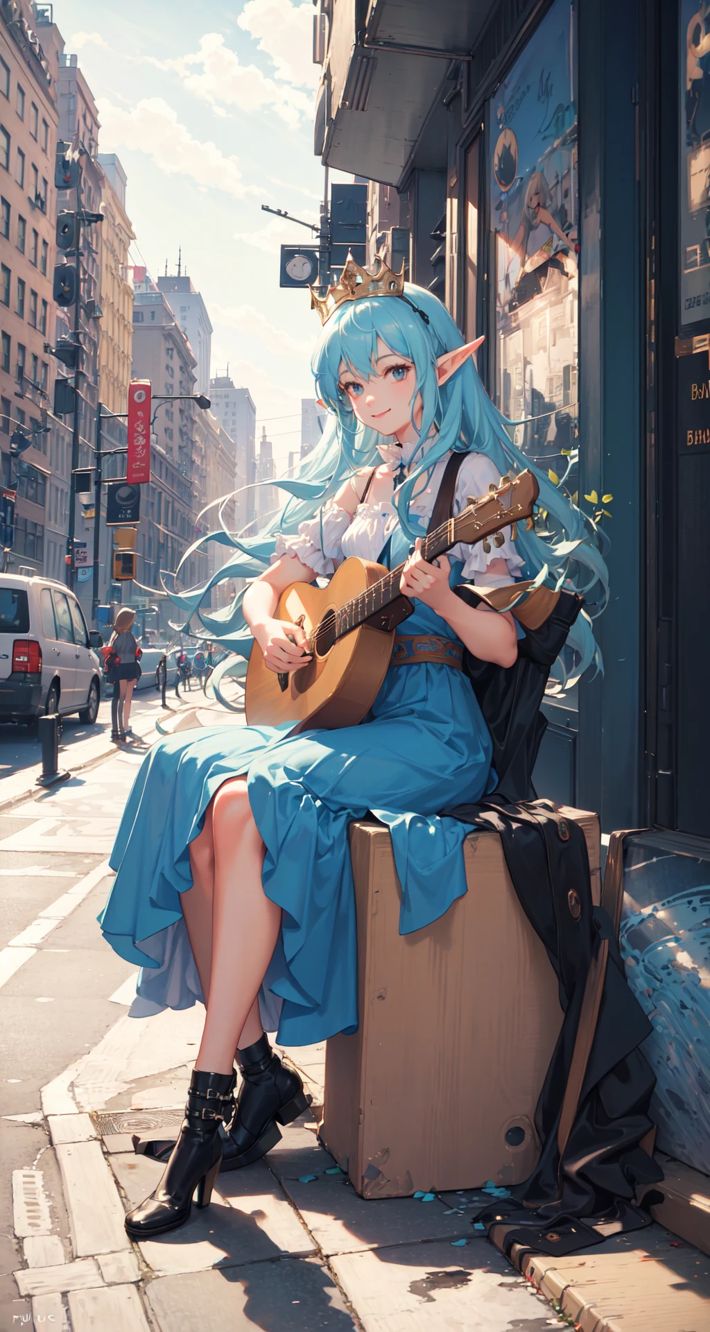 polaroid photo, masterpiece, best quality, 1girl, the cloud elf queen busks on the streets of new york, casual, sitting, playing guitar, film grain, soft lighting, smile