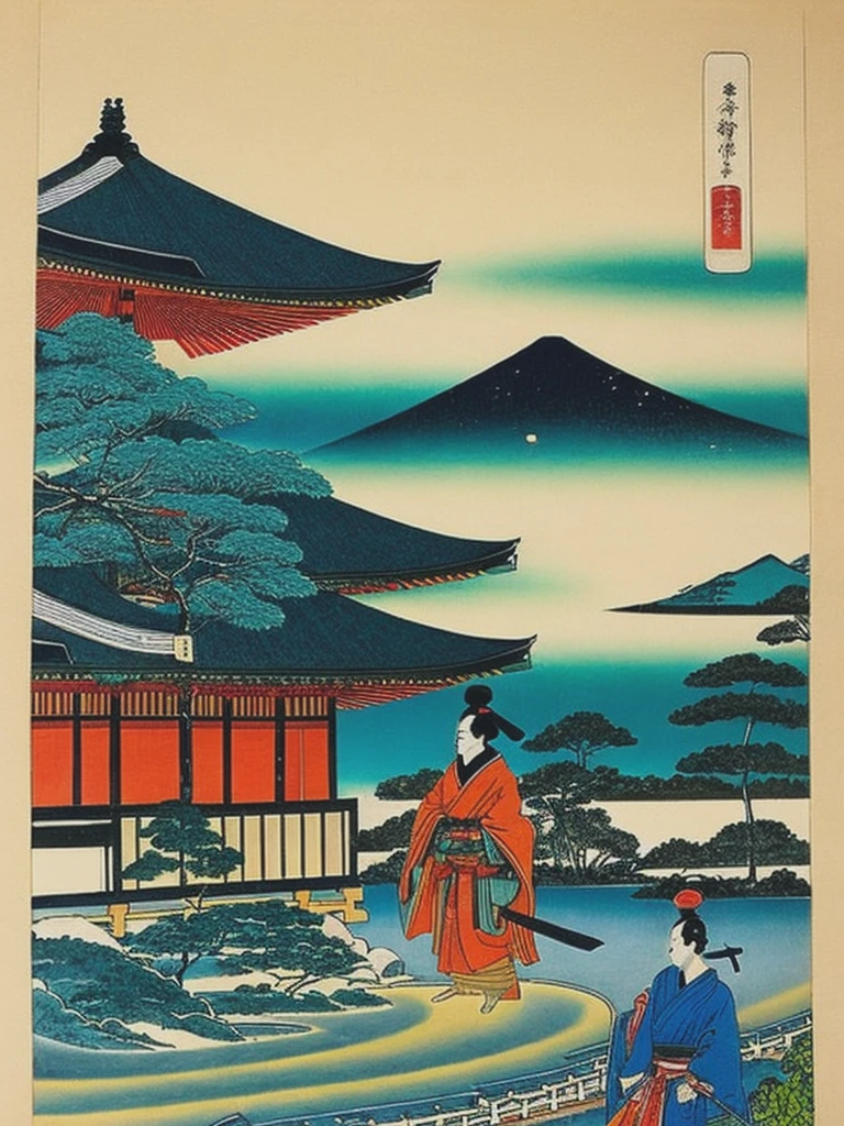 <lyco:Ukiyo-eArt:1.0> Ukiyo-e woodblock print, Japanese ancient samurai in a Japanese garden, detailed, colorful, inspired by Hiroshige Utagawav 5