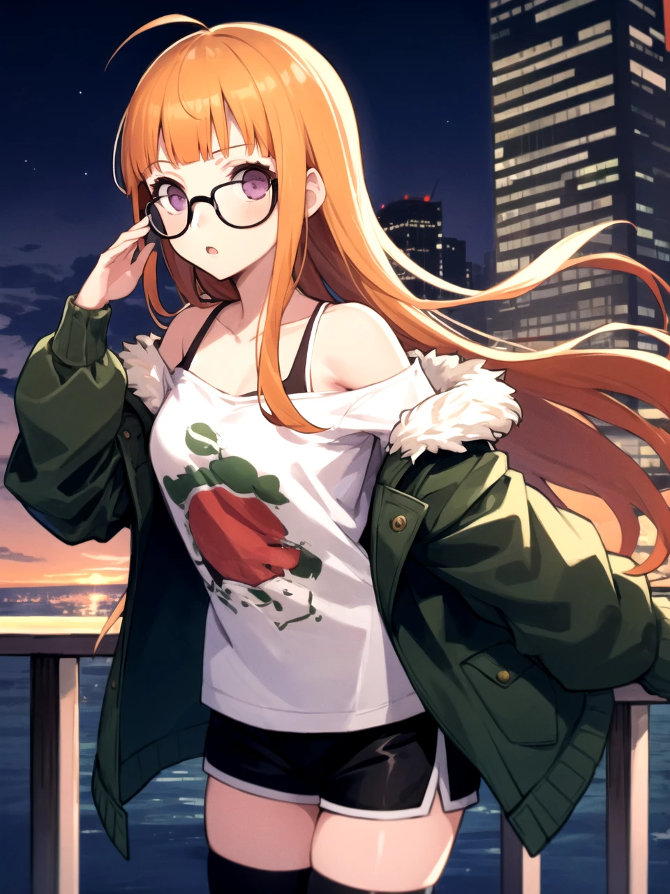 masterpiece, best quality, 1girl, solo, dsfutaba, orange hair, long hair, blunt bangs, ahoge, purple eyes, glasses, print shirt, green jacket, fur trim, off shoulder, black shorts, thighhighs, bare shoulders, standing, outdoors, ocean, skyscraper, twilight, city lights, cowboy shot
 <lora:dsfutaba-v2:1>