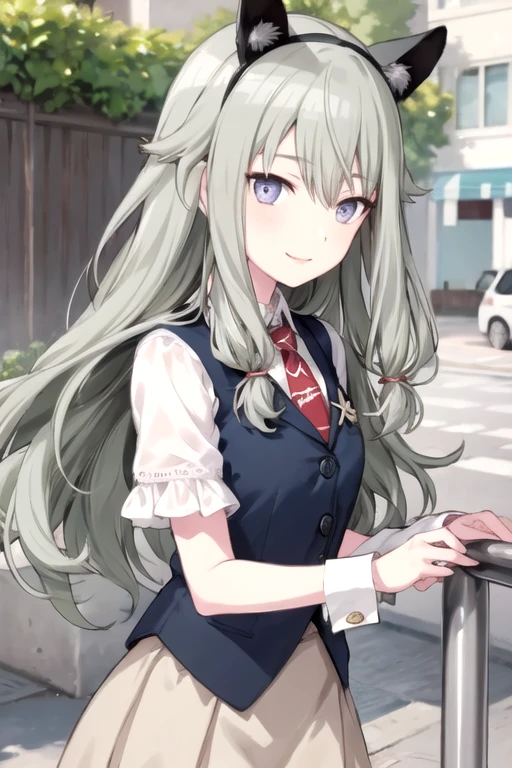 <lora:NotKyo-08:0.7> , nene, 1girl, solo, long hair, looking at viewer, smile, skirt, shirt, animal ears, hair between eyes, purple eyes, white shirt, short sleeves, sidelocks, hairband, frills, green hair, necktie, puffy sleeves, collared shirt, vest, puffy short sleeves, wrist cuffs, fake animal ears, red skirt, black hairband,low-tied long hair, skirt hold