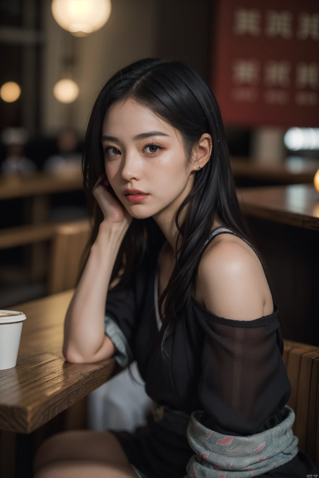 (8k, RAW photo, best quality, masterpiece:1.2), (realistic, photo-realistic:1.2), ultra-detailed, perfect face, beautiful, full body, messy hair, long hair, extreme detailed, sitting at table, tall woman, colorful, highest detailed, (modification), Maiden, upper body, neon background, Japanese restaurant, cut-off top, rouge, blush, coffee, <lora:clarityAndTuningSkin_v1:1.2>