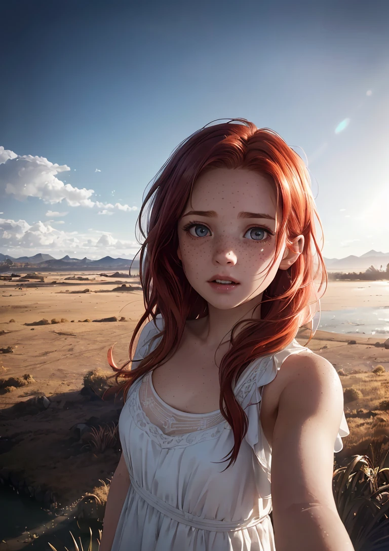 anime style, model shoot style, (upper body) (close selfie:1.3) of a ((little girl:1.3)), (1girl:1.3), (redhead, freckles, long hair:1.3), (white dress:1.3, landscape in the background:1.5), ((beautiful face: 1.7, perfect face:1.5)), (best quality:1.5, hyperrealistic:1.5, photorealistic:1.4, Madly detailed CG unity 8k wallpaper:1.5, masterpiece:1.3, Madly detailed photo:1.2), (hyper-realistic lifelike texture:1.4, realistic eyes:1.2), (octane render, unreal engine 5), (ecstasy of light and shadow:1.5, deep shadow:1.5), (sony a7, 50 mm, film grain:1.5, 4K UHD HDR), (photo by lee jeffries, Greg Rutkowski and Magali Villanueva)