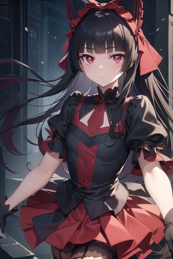 rorymercury, <lora:rorymercurytest-clean:1>, rory mercury, black hair, blunt bangs, hime cut, hair ornament, lipstick, long hair, makeup, (small chest:1.2), (red eyes:1.5),
BREAK black gloves, black thighhighs, garter straps, gloves, gothic, hair bow, gothic fashion, puffy short sleeves, puffy sleeves, short sleeves, thighhighs,
BREAK outdoors, city,
BREAK looking at viewer,
BREAK <lora:GoodHands-vanilla:1>, (masterpiece:1.2), best quality, high resolution, unity 8k wallpaper, (illustration:0.8), (beautiful detailed eyes:1.6), extremely detailed face, perfect lighting, extremely detailed CG, (perfect hands, perfect anatomy),