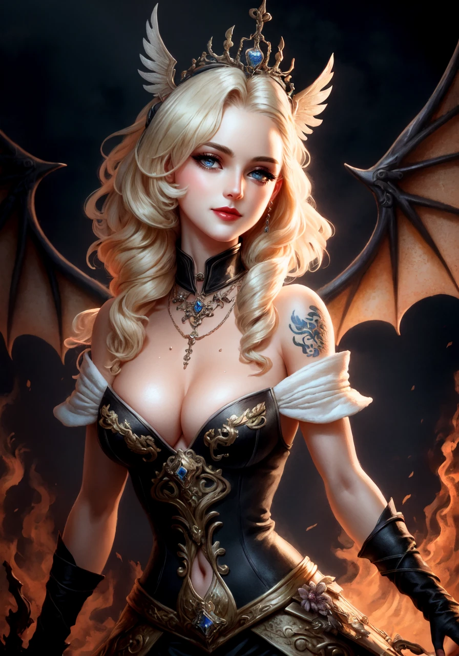 very complex hyper-maximalist overdetailed cinematic tribal fantasy closeup macro portrait of a heavenly beautiful young royal dragon queen with long platinum blonde windblown hair and dragon scale wings, Magic the gathering, pale wet skin and dark eyes and red lipstick ,flirting smiling passion seductive, vibrant high contrast, by andrei riabovitchev, tomasz alen kopera,moleksandra shchaslyva, peter mohrbacher, Omnious intricate, octane, moebius, arney freytag, Fashion photo shoot, glamorous pose, trending on ArtStation, dramatic lighting, ice, fire and smoke, orthodox symbolism Diesel punk, mist, ambient occlusion, volumetric lighting, Lord of the rings, BioShock, glamorous, emotional, tattoos,shot in the photo studio, professional studio lighting, backlit, rim lighting, Deviant-art, hyper detailed illustration, 8k