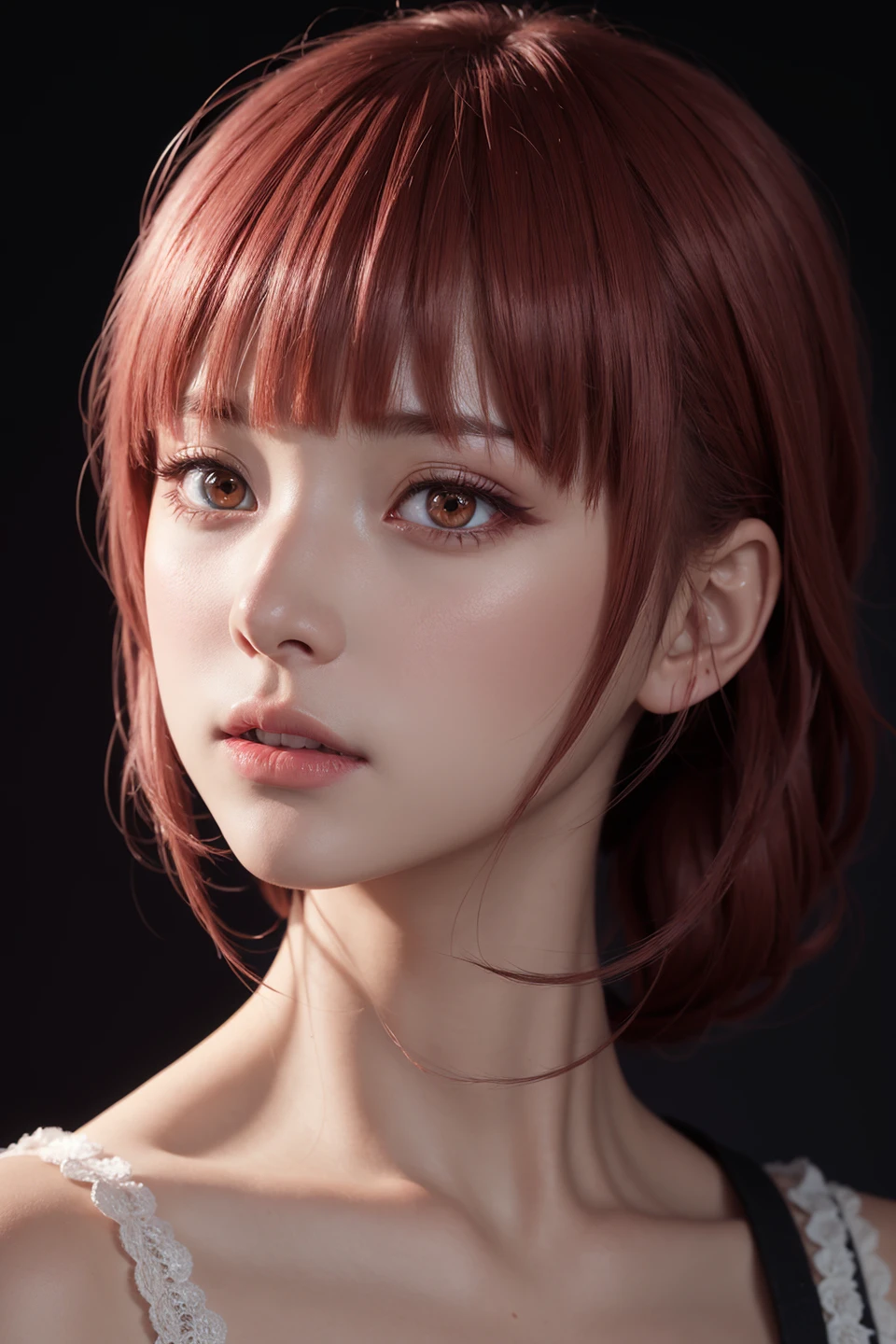 1girl, star eye, blush, perfect illumination, distinct, red eyes, unreal engine, sidelighting, detailed face, bangs, bright skin, simple background, dark background, <lora:makimaChainsawMan_v10:0.35>