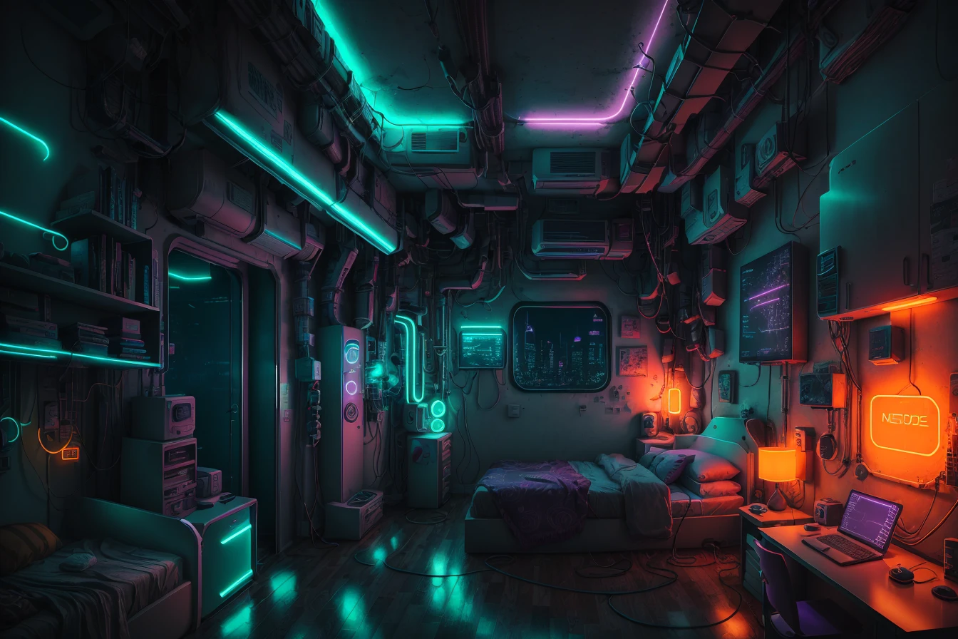 a bedroom, neon lights, dim light, futuristic, orange light, cable, electricity, ornate, detail, windows with skyscrapers, science fiction, blue purple neon, <lora:ARWCyberpunkInterior:1>