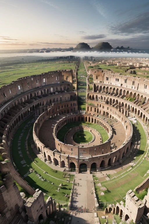 landscape, thecolosseum at dawn, epic, fog, stone, ornament, ornate, details, dim light, mountain, advntr <lora:ARWTheColosseum:1>
