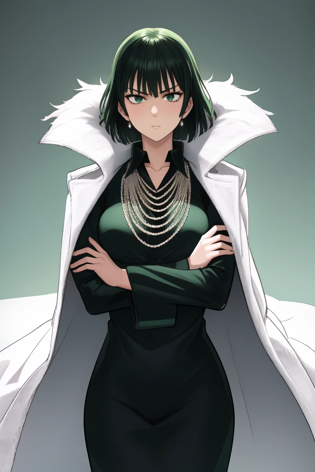 <lora:fubuki:1>fubuki\(one punch man\), cowboy shot, solo, 1girl, expressionless, crossed arms, green hair, taut clothes, fur coat, jewelry, necklace