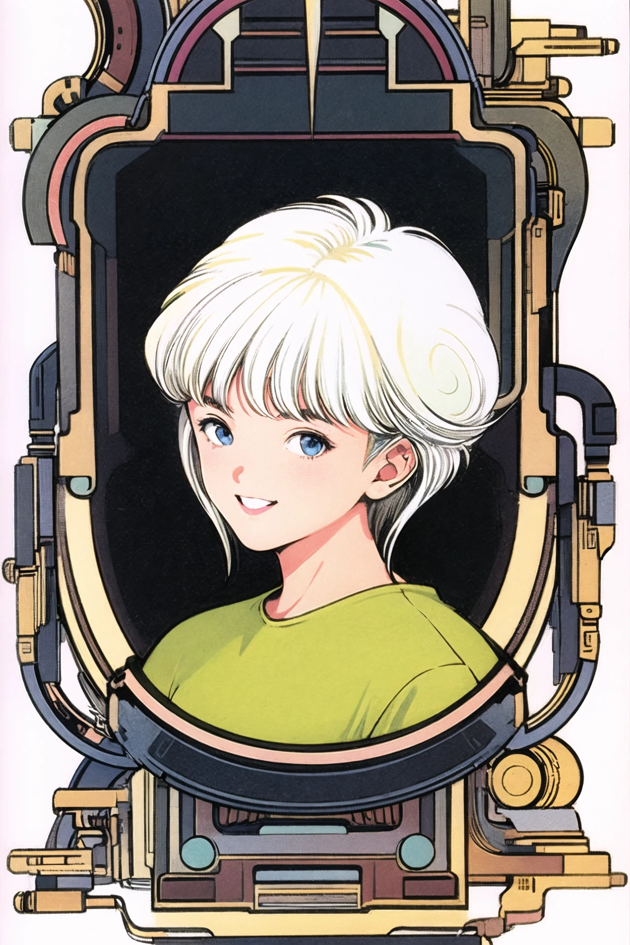 1girl, solo, short hair, white hair, retro artstyle, blue eyes, smile, upper body, 1980s (style), looking at viewer, bangs, blonde hair, <lora:guizhenghe_64:0.8>