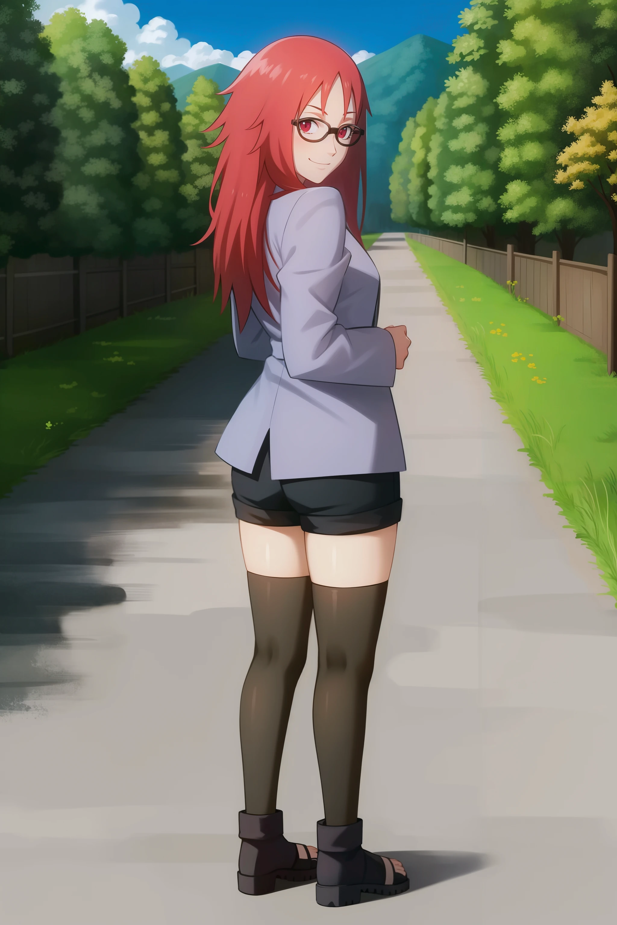 <lora:Karin:1>,outdoors, forest,nature,,cloud, dirt road,
solo, 1girl,red hair, glasses, long hair, shorts, full body, black shorts, black thighhighs,anime coloring, anime screencap, red eyes, jacket, toeless footwear,standing, looking at viewer, long sleeves, sandals, black-framed eyewear, short shorts, boots, black footwear, purple jacket, smile, toes, from behind, ass,back,looking back,
