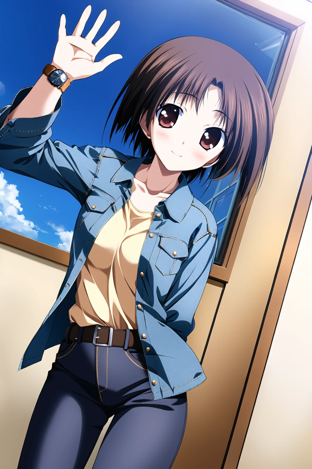 ((masterpiece, high quality, best quality)),
1girl, smile, short hair, waving, denim, open jacket, dutch angle, brown hair, denim jacket, brown eyes, shirt, long sleeves, watch, open clothes, window, blush, looking at viewer, sky, pants, belt, pocket,
<lora:tsukimori-style_v1.0:1.0>