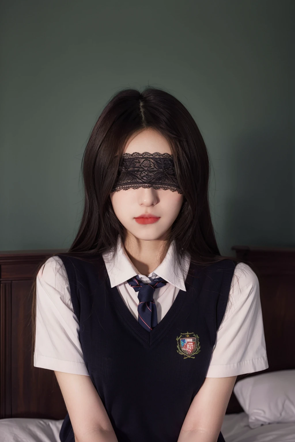 masterpiece, best quality, realistic, 8k, official art, cinematic light, ultra high res, 1girl, blindfold, lip biting, school uniform, bedroom, <lora:MASK_04:1:CLOTHES>