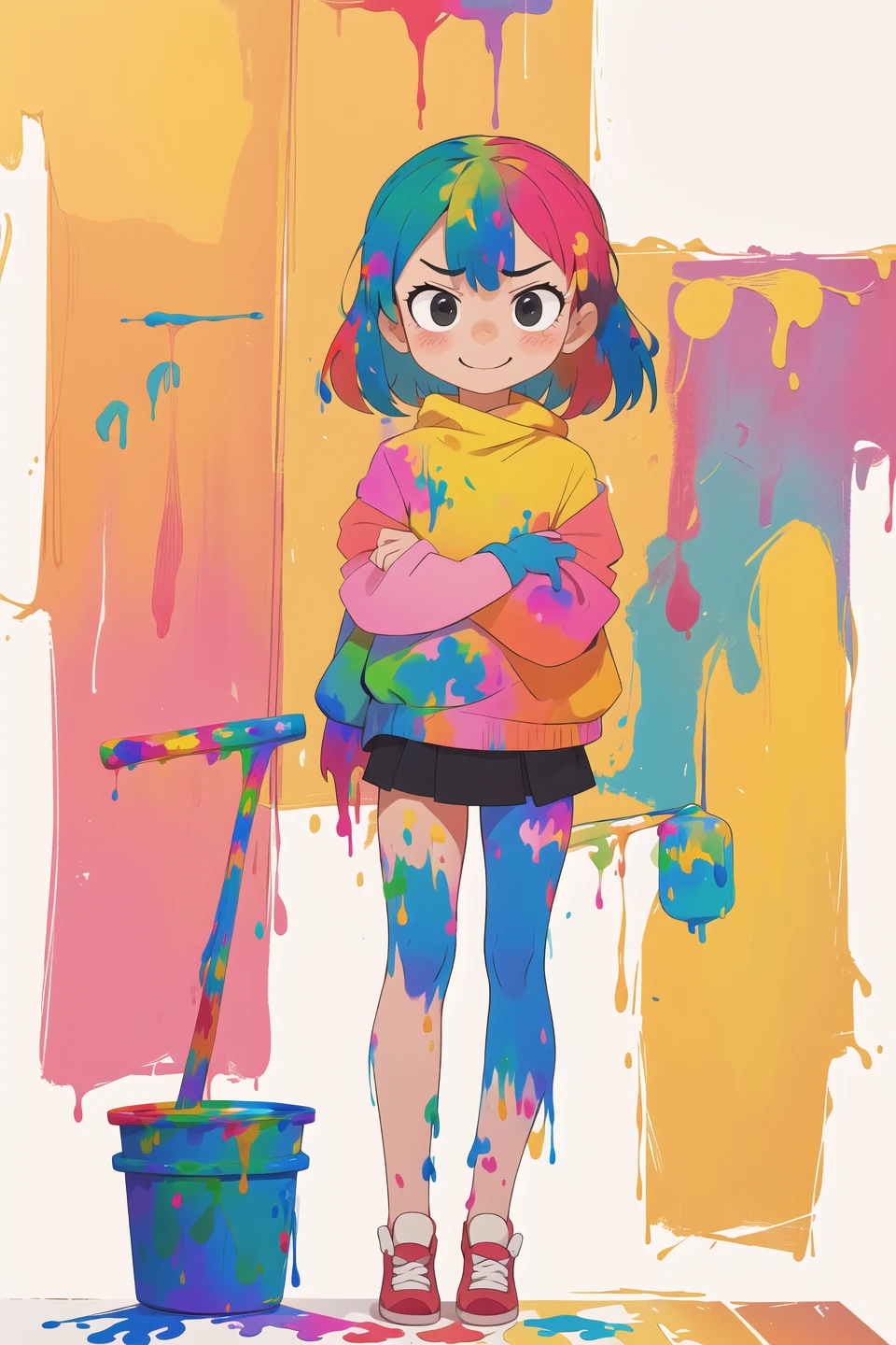 masterpiece,best quality,1girl,colorful,paint,wall,smile,frown