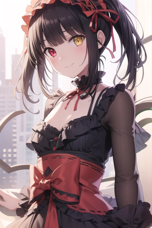 kurumitokisaki, <lora:kurumitokisakitest-clean:1>,
tokisaki kurumi, clock eyes, black hair, twintails, (red eyes:1.2), (yellow eyes:1.3), heterochromia, (small breast:1.3), smile,
BREAK hairband, dress, bow, ribbon, gothic fashion, gothic,
BREAK looking at viewer,
BREAK outdoors, city,
BREAK <lora:GoodHands-vanilla:1>, (masterpiece:1.2), best quality, high resolution, unity 8k wallpaper, (illustration:0.8), (beautiful detailed eyes:1.6), extremely detailed face, perfect lighting, extremely detailed CG, (perfect hands, perfect anatomy),