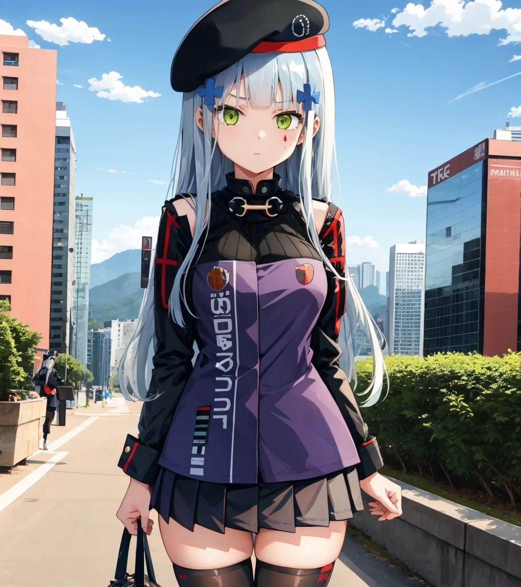 <lora:HK416:1>,
1girl,hk416Normal,outdoors,beret,pleated skirt,thighhighs,long sleeves