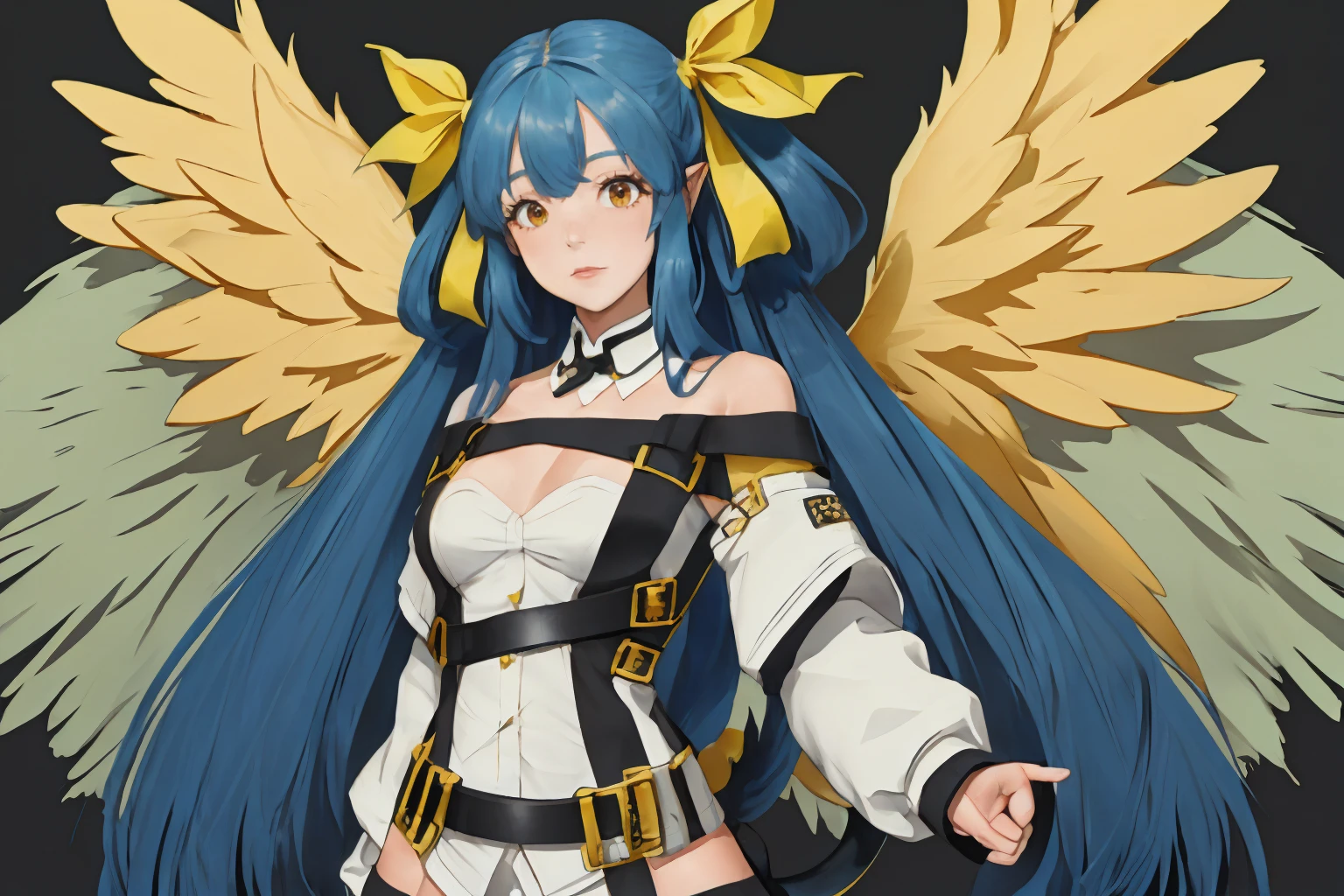 masterpiece,best quality,diji,1girl,blue hair,(long hair:1.2),hair ribbon,ribbon,yellow ribbon,(asymmetrical wings:1.3),wings,belt,(tail:1.1),
<lora:diji_10:0.9>,