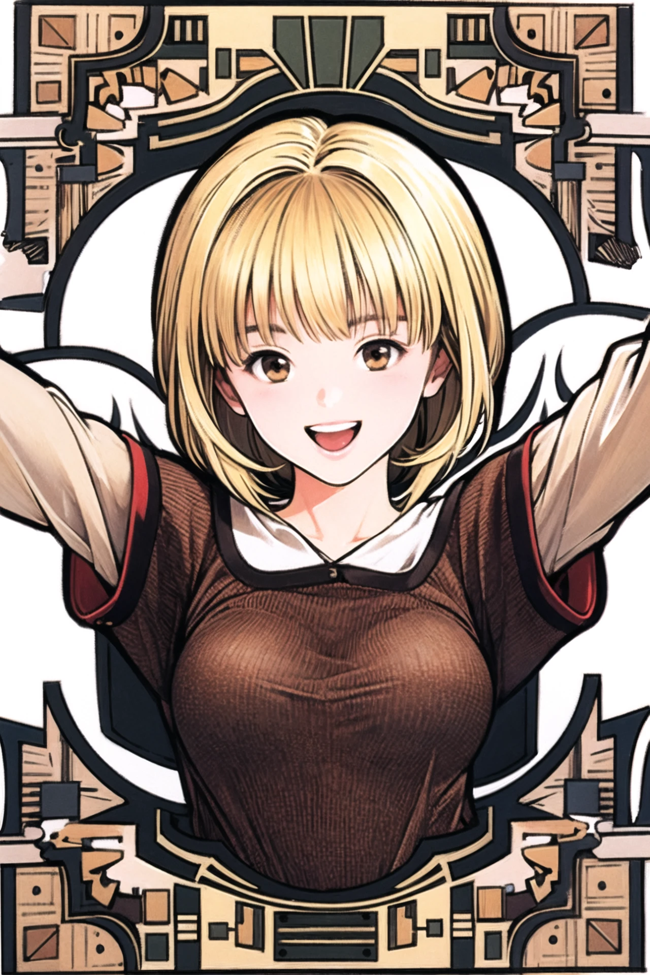 1girl, solo, short hair, smile, open mouth, arms up, upper body, white background, brown hair, brown eyes, long sleeves, :d, simple background, looking at viewer, blonde hair, bangs, <lora:guizhenghe_64:0.8>