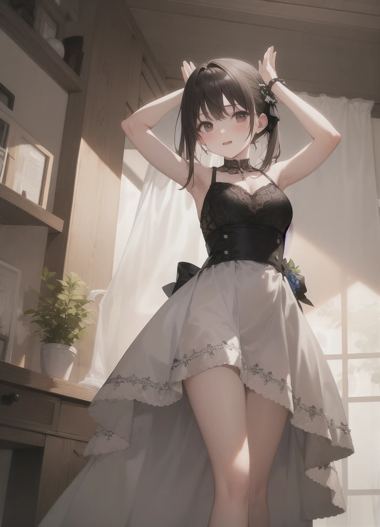 masterpiece, best quality, standing, from front,
<lora:Ver2-10:0.8>, arms up, dress,