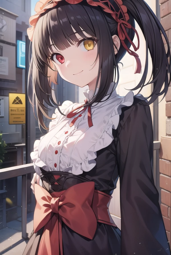 kurumitokisaki, <lora:kurumitokisakitest-clean:1>,
tokisaki kurumi, clock eyes, black hair, twintails, (red eyes:1.2), (yellow eyes:1.3), heterochromia, (small breast:1.3), smile,
BREAK hairband, dress, bow, ribbon, gothic fashion, gothic,
BREAK looking at viewer,
BREAK outdoors, city,
BREAK <lora:GoodHands-vanilla:1>, (masterpiece:1.2), best quality, high resolution, unity 8k wallpaper, (illustration:0.8), (beautiful detailed eyes:1.6), extremely detailed face, perfect lighting, extremely detailed CG, (perfect hands, perfect anatomy),