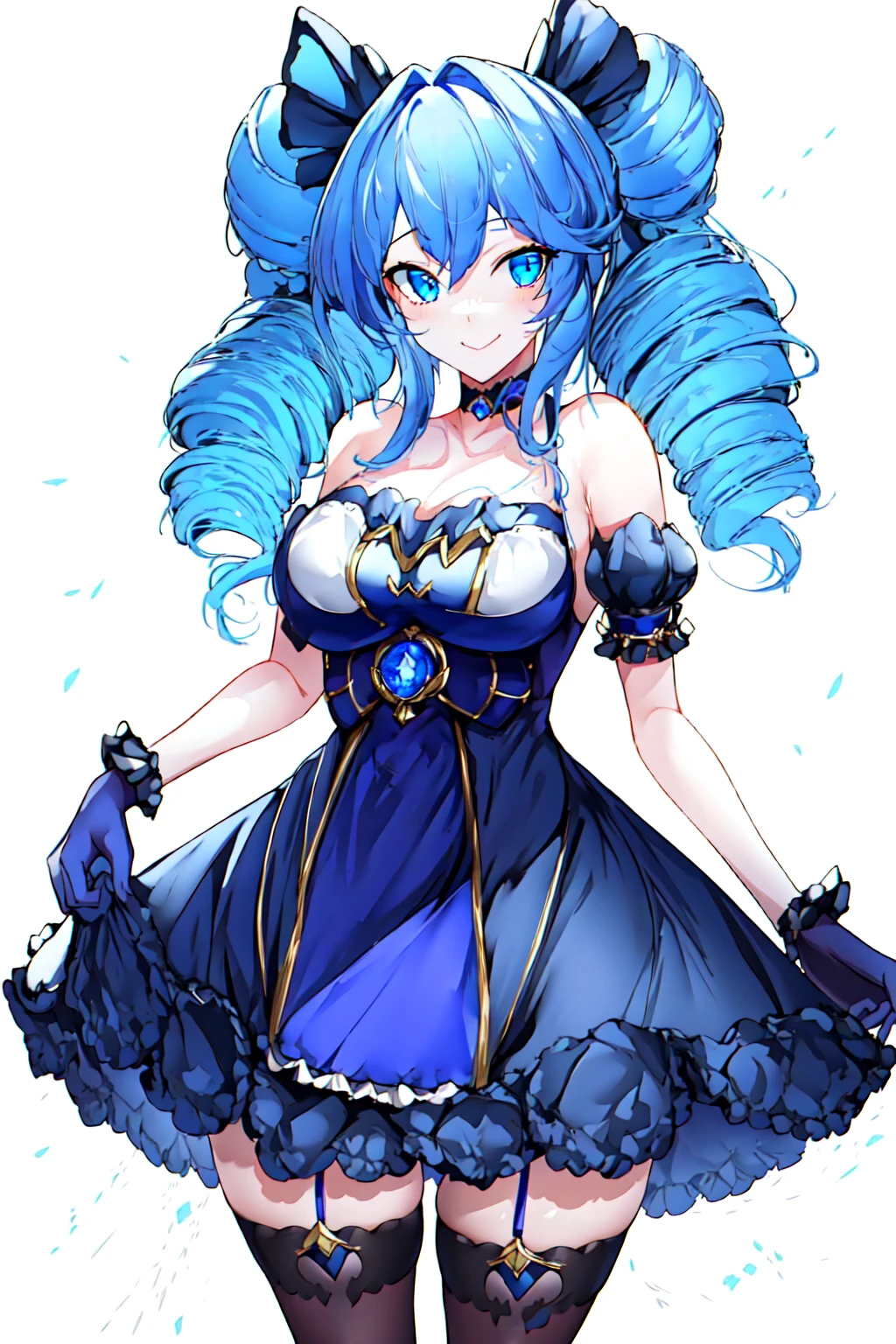 masterpiece, best quality, 1girl <lora:AGM-000018:1> <lora:Gwen:0.6>twin_drills,frilled dress, medium breasts, asymmetrical legwear,gloves,smile,blue eyes