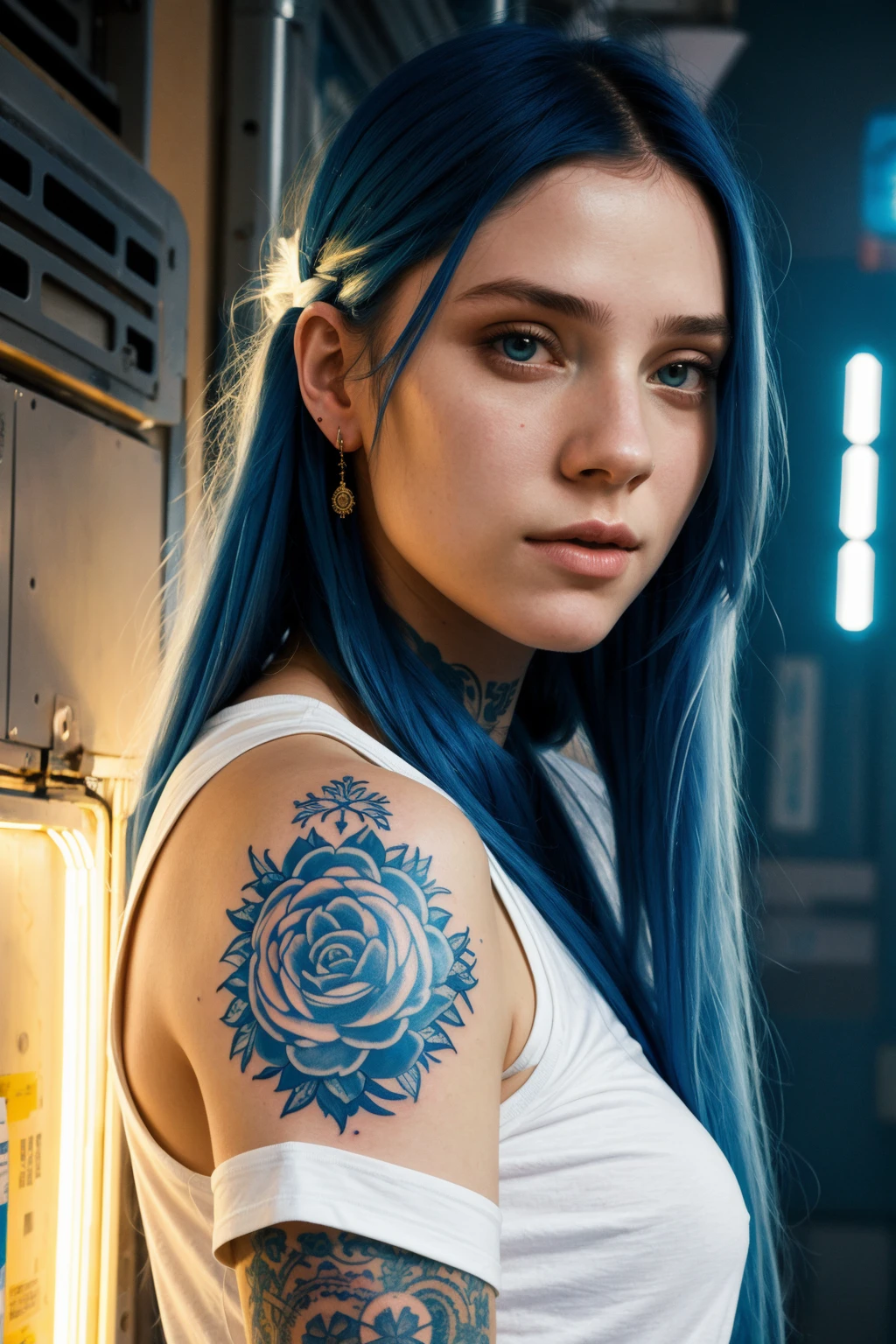 Cover, painting of a girl with long blue hair in a white t-shirt on one side of a tattooed cyberpunk space with details, luminism, strip lighting, complex, head and shoulders portrait, 4k concept art portrait by Greg Rutkowski, artgram, WLOP, Alphonse Mucha