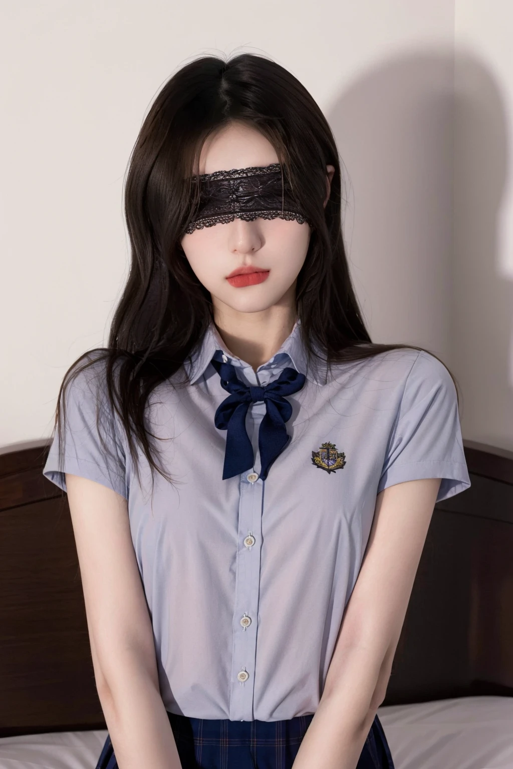 masterpiece, best quality, realistic, 8k, official art, cinematic light, ultra high res, 1girl, blindfold, lip-biting, school uniform, sitting, on bed, arm support, upper body, bedroom, <lora:MASK5:1:CLOTHES>