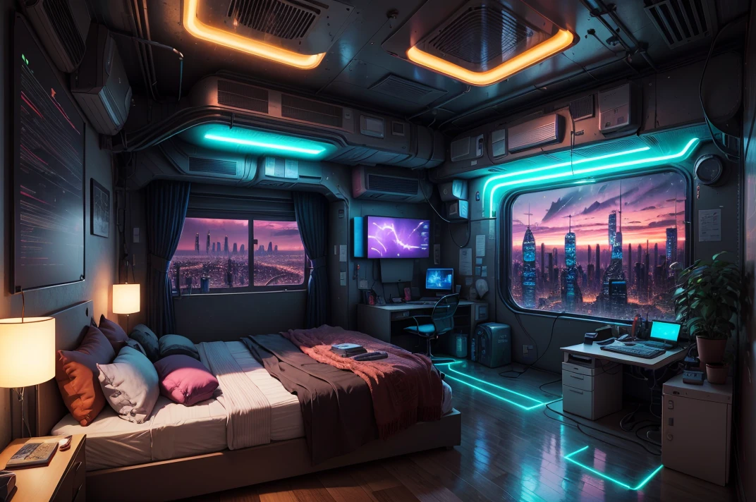 a bedroom, neon lights, dim light, futuristic, orange light, cable, electricity, ornate, detail, windows with skyscrapers, science fiction, blue purple neon, <lora:ARWCyberpunkInterior:1>