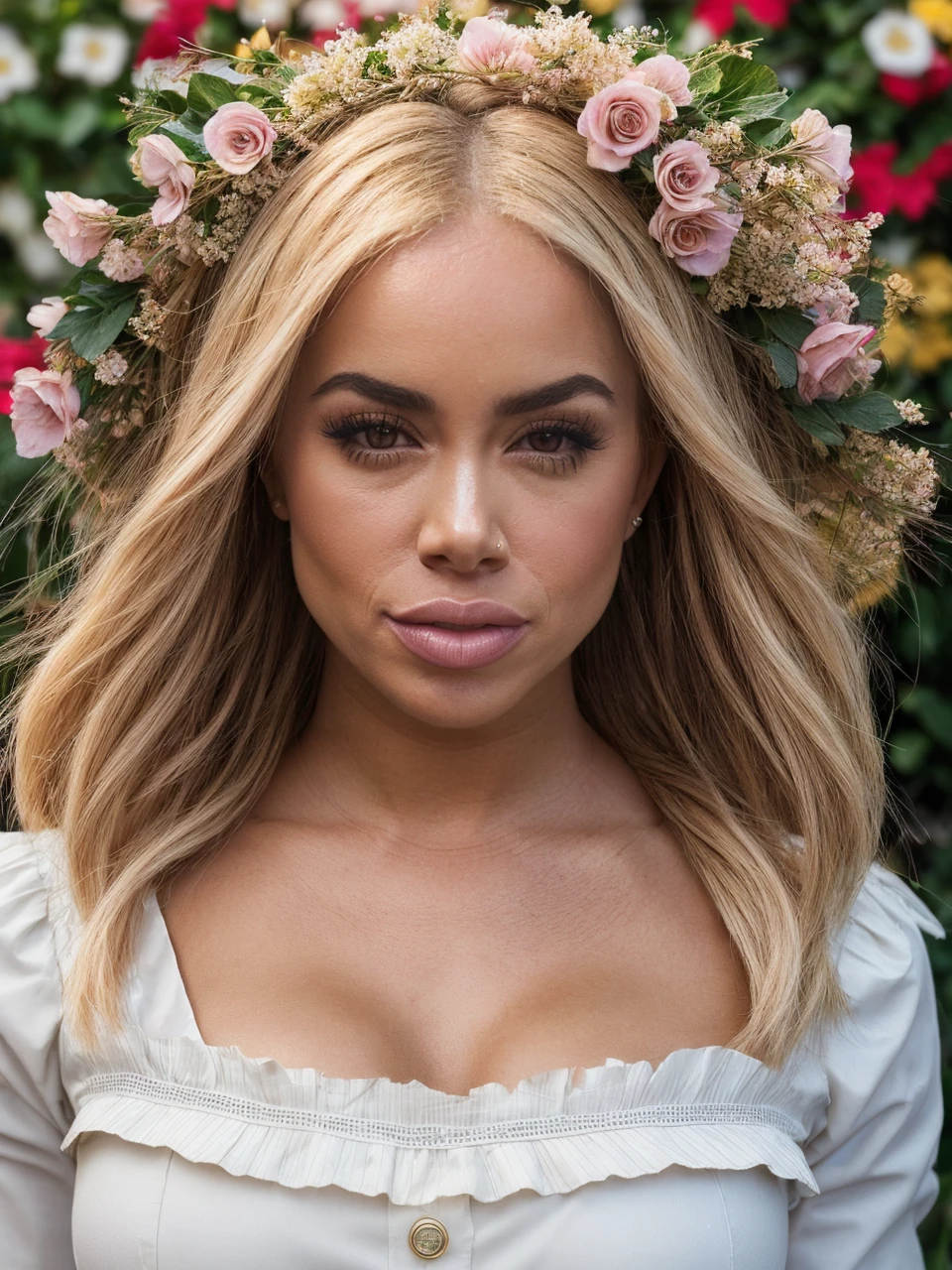 (closeup:1.2), A RAW photo of a beautiful woman with blonde hair, vicjune, (wearing traditional_dress:1.1!), (italian_village_street) vibrant, saturated, warm_tone, HDR, soft shadows, clear sky, flowers, <lora:epiNoiseoffset_v2:0.6> , <lora:add_detail:0.7>