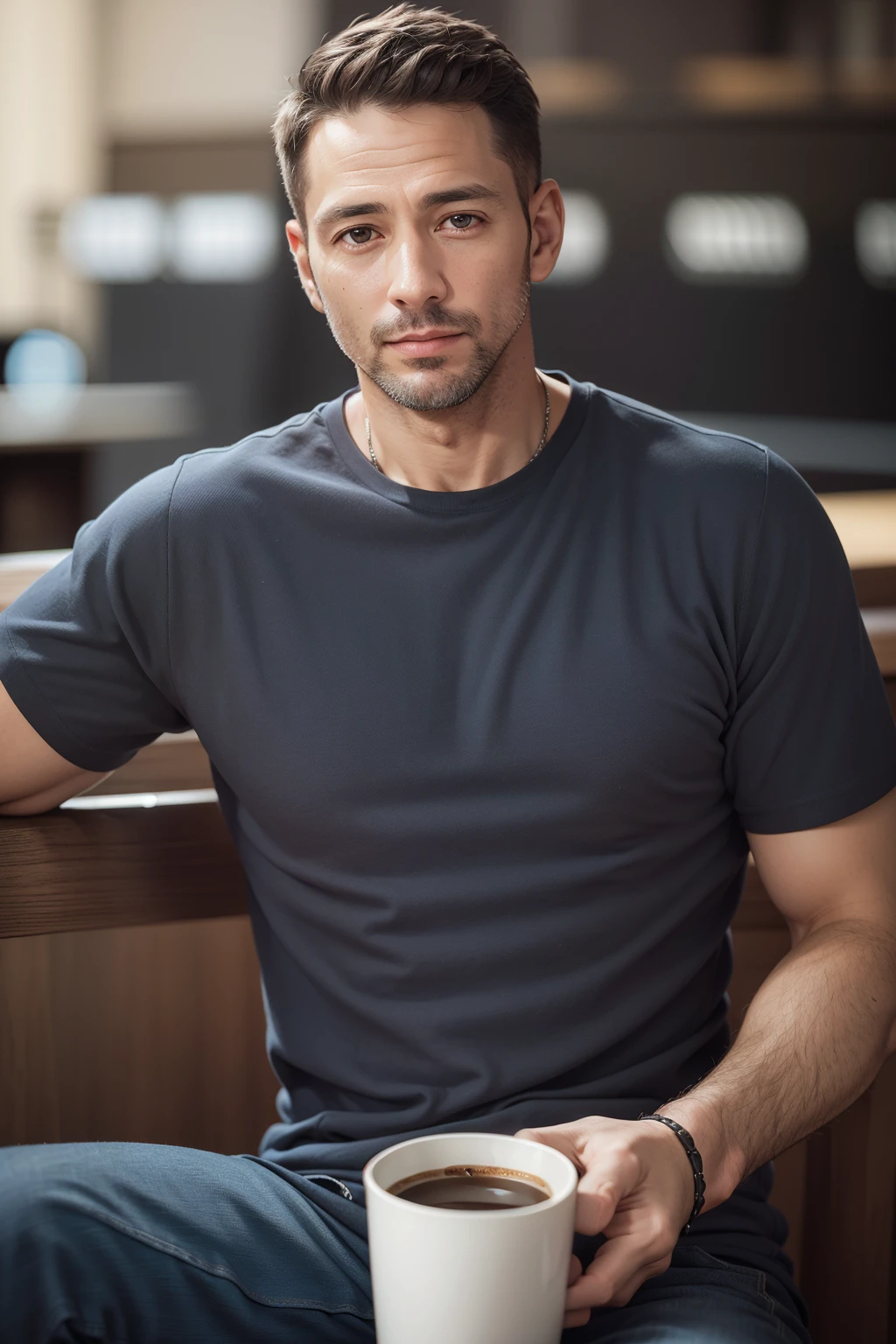 (8k, RAW photo, best quality, masterpiece:1.2), (realistic, photo-realistic:1.2), ultra-detailed, 40 years old man, perfect face, sitting, darker background, full body, coffee shop, <lora:clarityAndTuningSkin_v1:1.2>