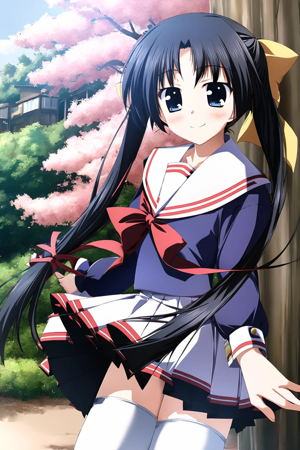 ((masterpiece, high quality, best quality)),
1girl, school uniform, white thighhighs, very long hair, black hair, blue eyes, tree, skirt, serafuku, blush, cherry blossoms, twintails, ribbon, smile, pantyhose, zettai ryouiki, wind, hair bow,
<lora:tsukimori-style_v1.0:1.0>
