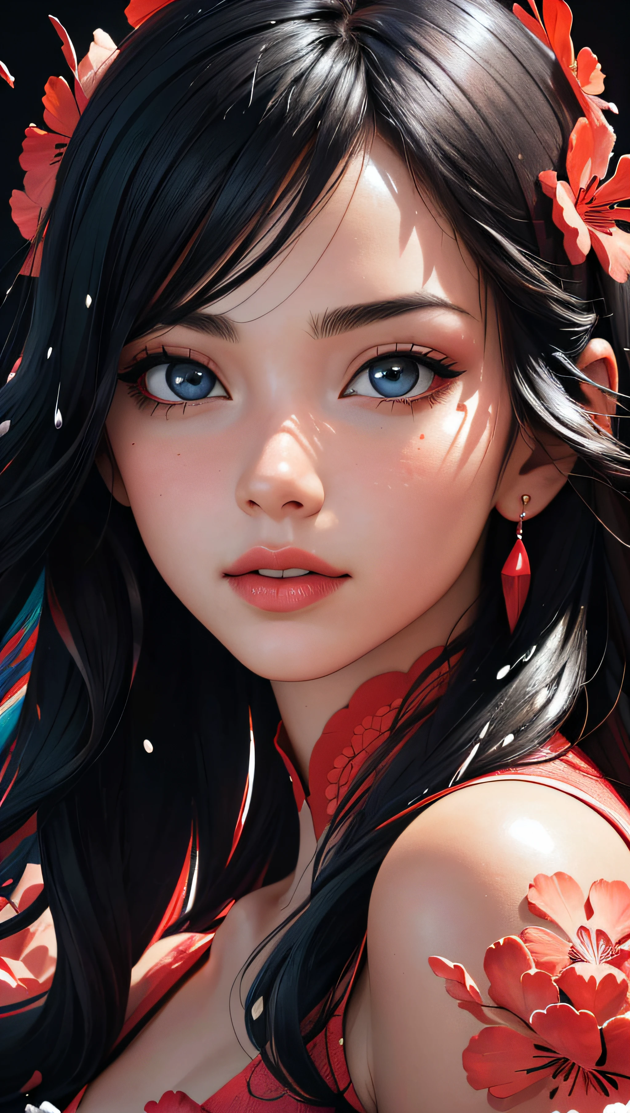 (best quality, masterpiece, perfect face, beautiful and aesthetic:1.2, colorful, dynamic angle, highest detailed face) a girl, illustration, cover art, (black:1.2), portrait , coral background, splash, high contrast colors, muted colors, high contrast, , 35mm, bokeh, 9:16, (intricate details, hyperdetailed:1.15), detailed, sunlight passing through hair (high contrast, official art, extreme detailed, highest detailed),