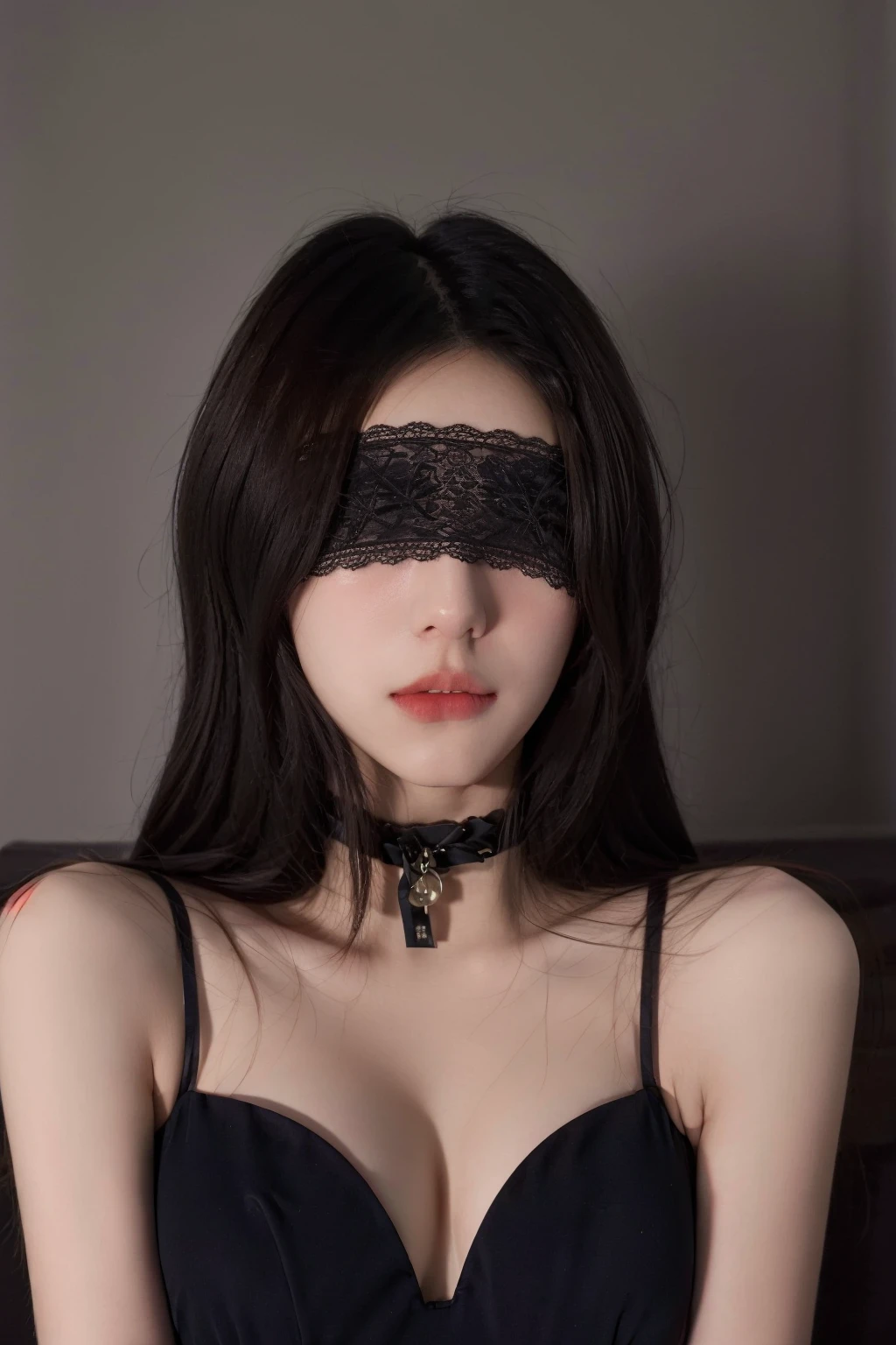 masterpiece, best quality, realistic, 8k, official art, cinematic light, ultra high res, 1girl, blindfold, lip biting, upper body, bedroom, <lora:MASK_05:1:CLOTHES>