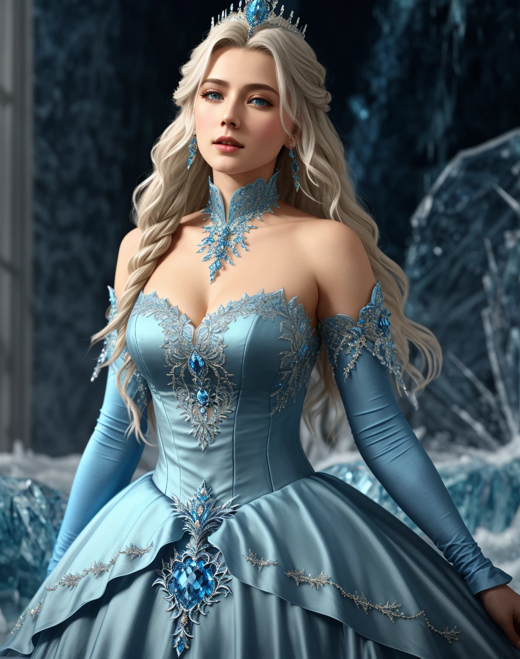 Masterpiece, absurdres,HDR,8k,best quality,ballgown,edgShiva, a woman in a icy blue [dress|ballgown], wearing a crown, on ice,wearing edgShiva
 <lora:ShivaGown:0.8>