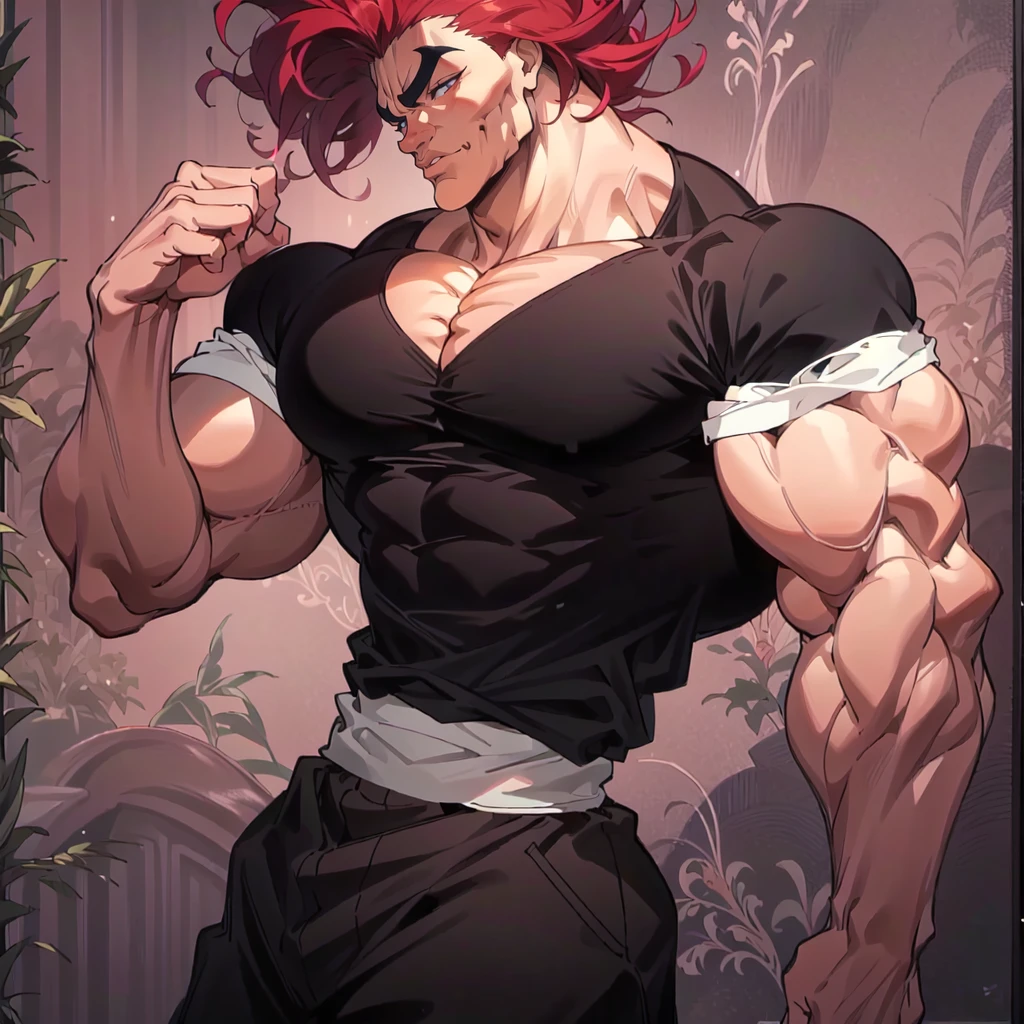 highres,High quality,(Beautiful), ((masterpiece)),vibrant colors, solo,1boy, abs, biceps, large pectorals, male focus, manly, muscular, muscular male, pectorals, red hair, spiked hair,(black shirt:1.2), black pants,<lora:YujiroV9:1>