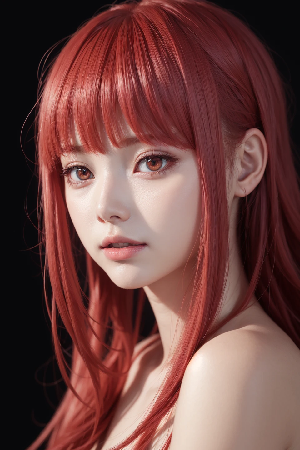 1girl, star eye, blush, perfect illumination, red hair, red eyes, unreal engine, sidelighting, detailed face, bangs, bright skin, simple background, dark background, <lora:makimaChainsawMan_v10:0.35>