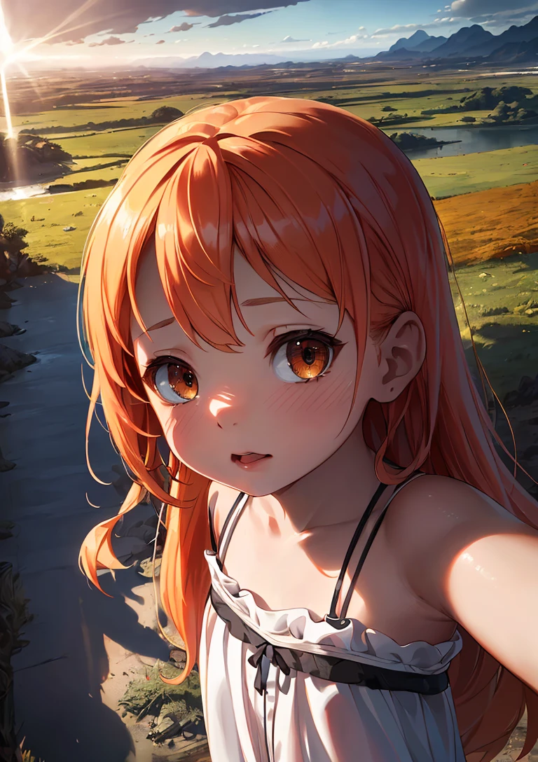 anime style, model shoot style, (upper body) (selfie:1.7) of a (( girl:1.6)), (1girl:1.3), (orange hair, long hair:1.3), (white dress:1.3, landscape in the background:1.5),
((beautiful face: 1.7, perfect face:1.5)), (best quality:1.5, hyperrealistic:1.5, photorealistic:1.4, Madly detailed CG unity 8k wallpaper:1.5, masterpiece:1.3, Madly detailed photo:1.2),
(hyper-realistic lifelike texture:1.4, realistic eyes:1.2), (octane render, unreal engine 5), (ecstasy of light and shadow:1.5, deep shadow:1.5), (sony a7, 50 mm, film grain:1.5, 4K UHD HDR),
(photo by lee jeffries, Greg Rutkowski and Magali Villanueva)