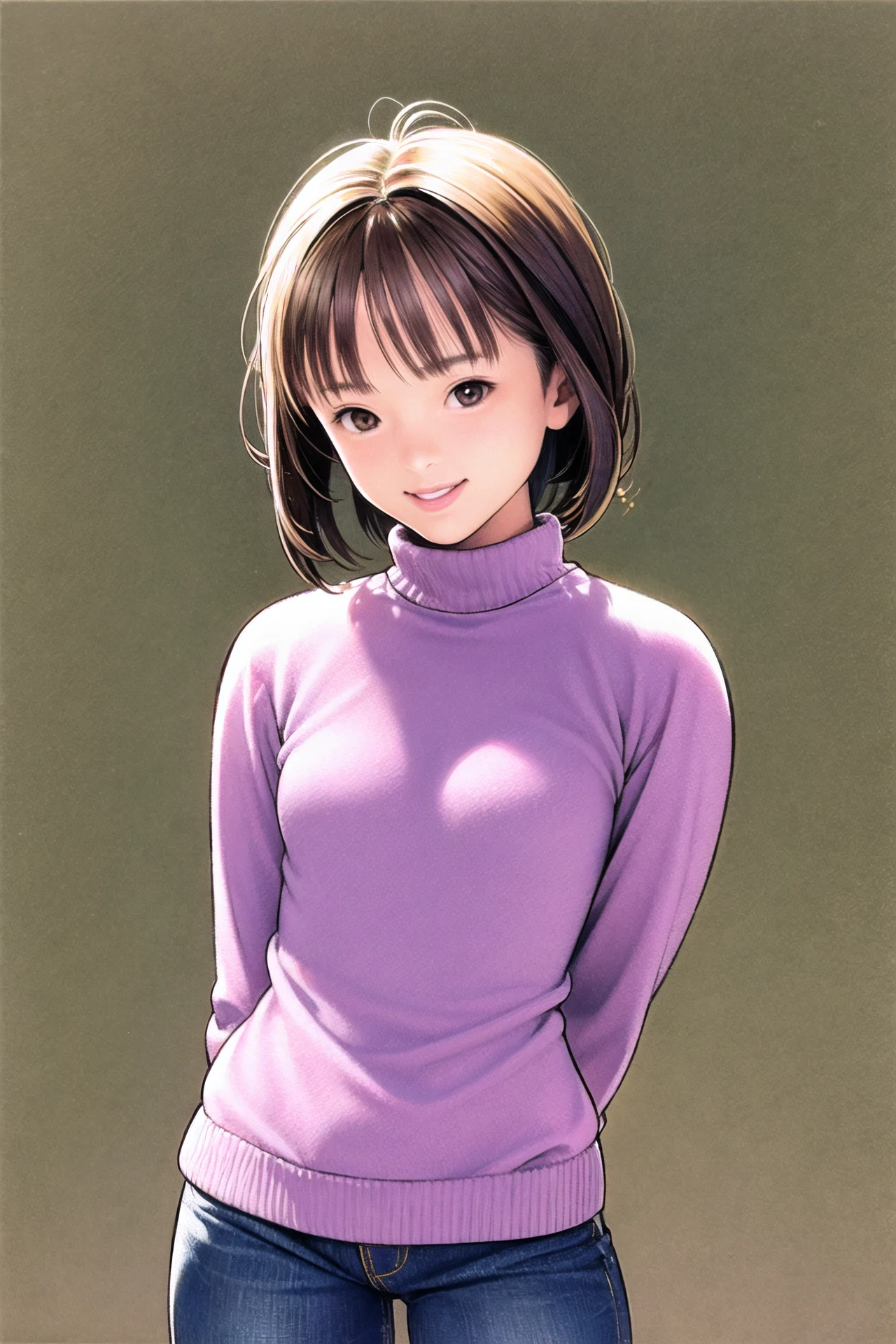 1girl, solo, short hair, brown hair, brown eyes, pants, turtleneck, smile, sweater, arms behind back, jeans, denim, long sleeves,looking at viewer, <lora:guizhenghe_64:0.9>